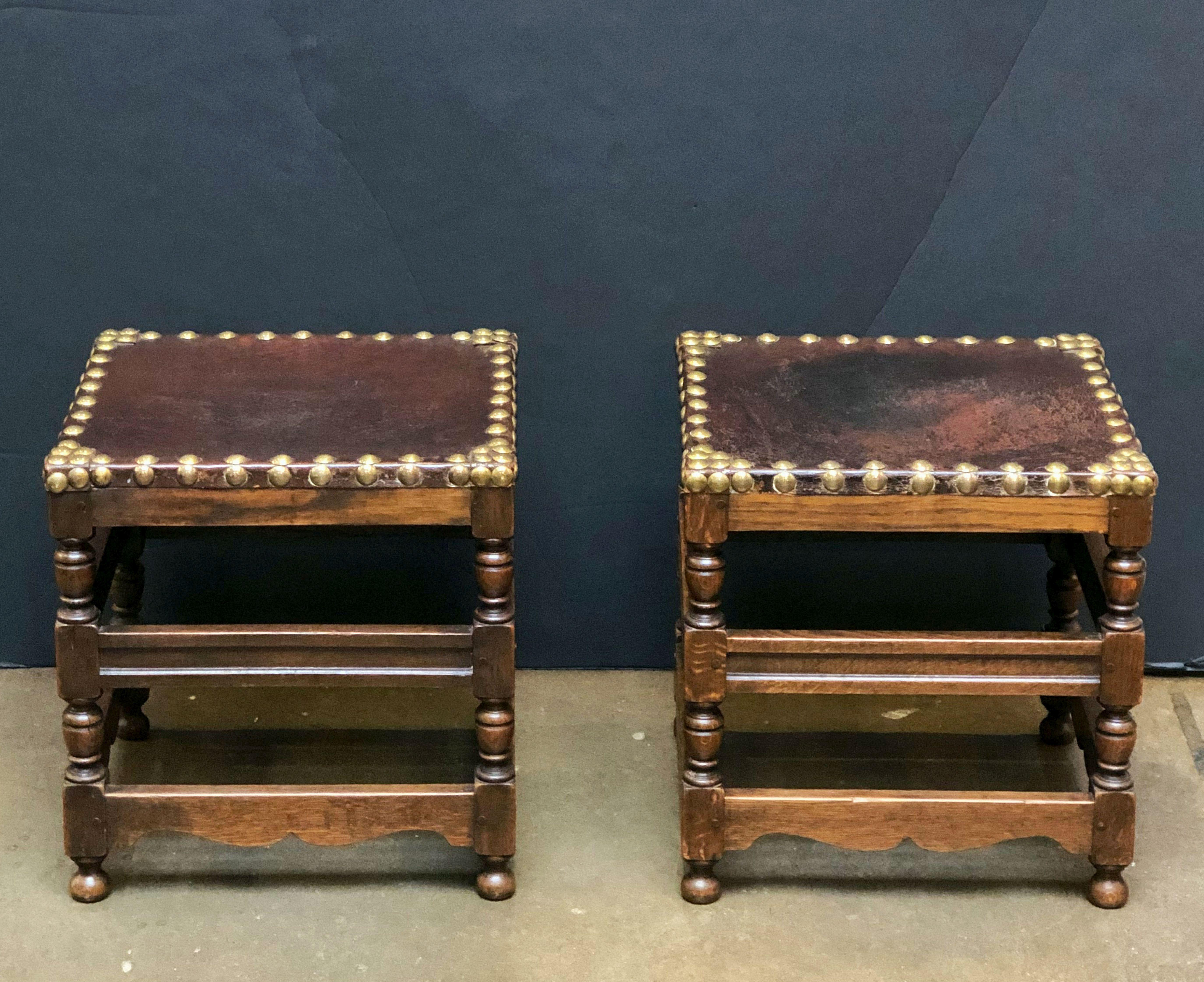 Pair of English Leather Stools on Turned Wood Frames 'Individually Priced' 1