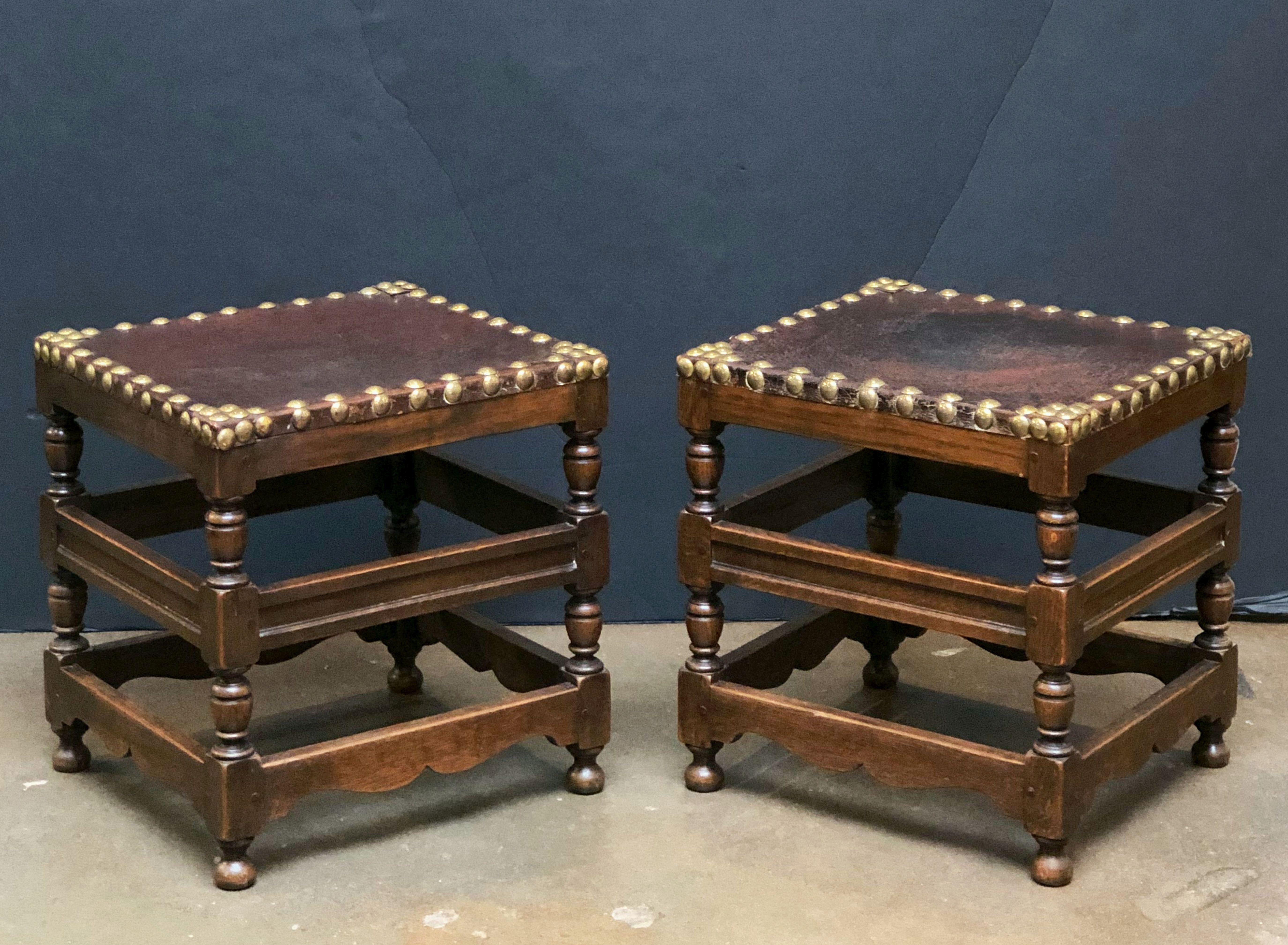 Pair of English Leather Stools on Turned Wood Frames 'Individually Priced' 2