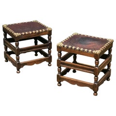 Antique Pair of English Leather Stools on Turned Wood Frames 'Individually Priced'