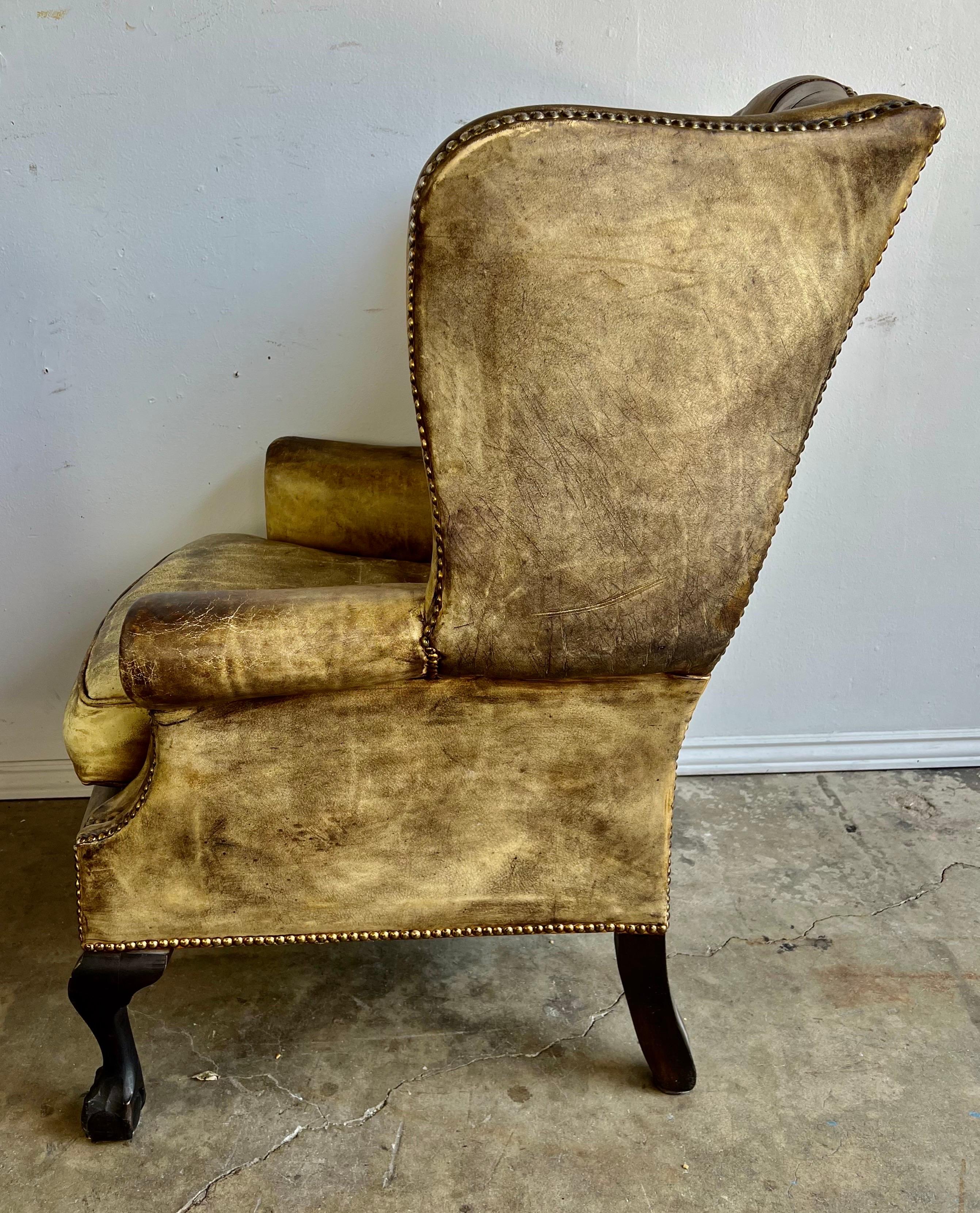 Pair of English Leather Tufted Wingback Armchairs C. 1900's 5
