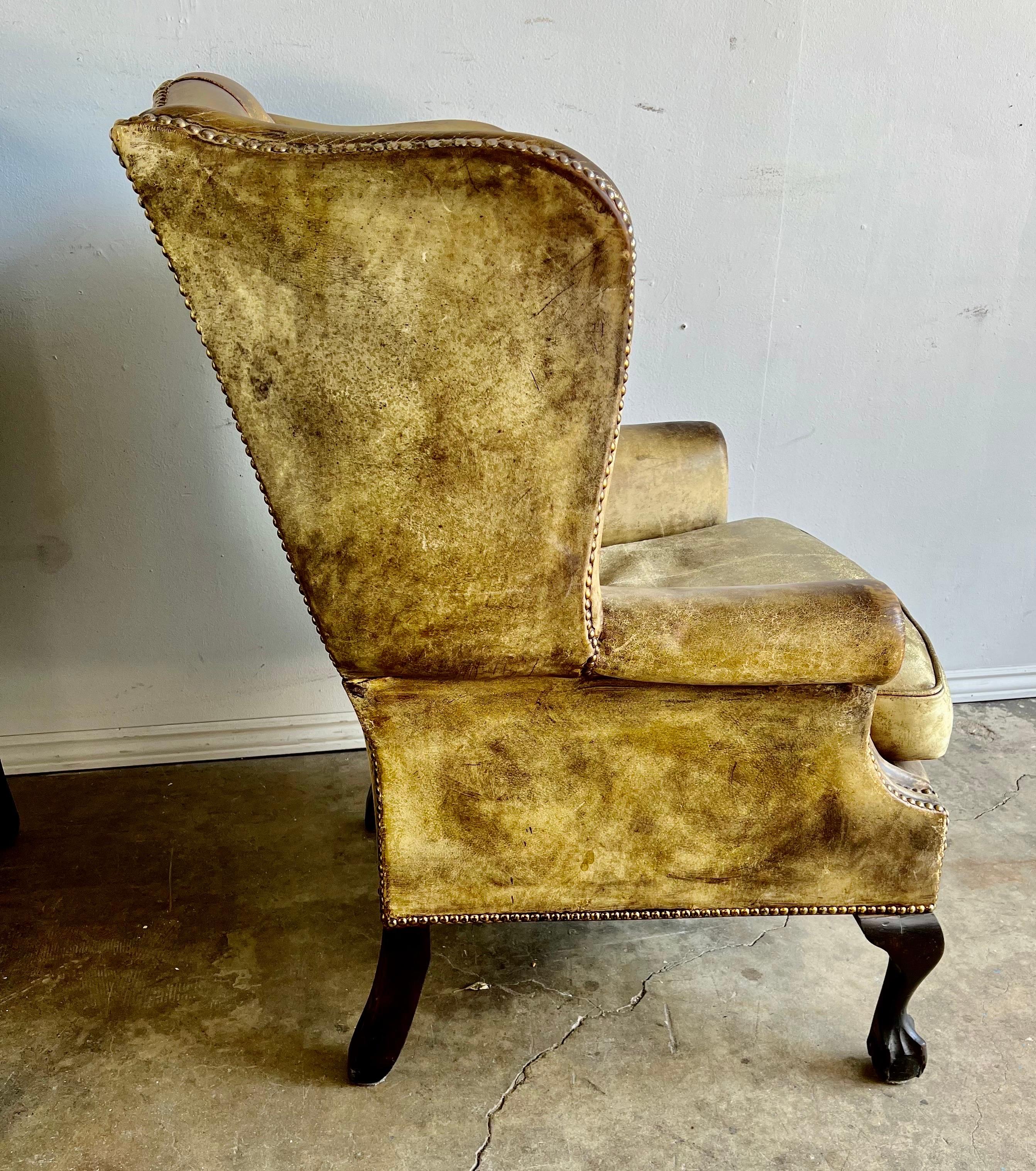 Pair of English Leather Tufted Wingback Armchairs C. 1900's 7