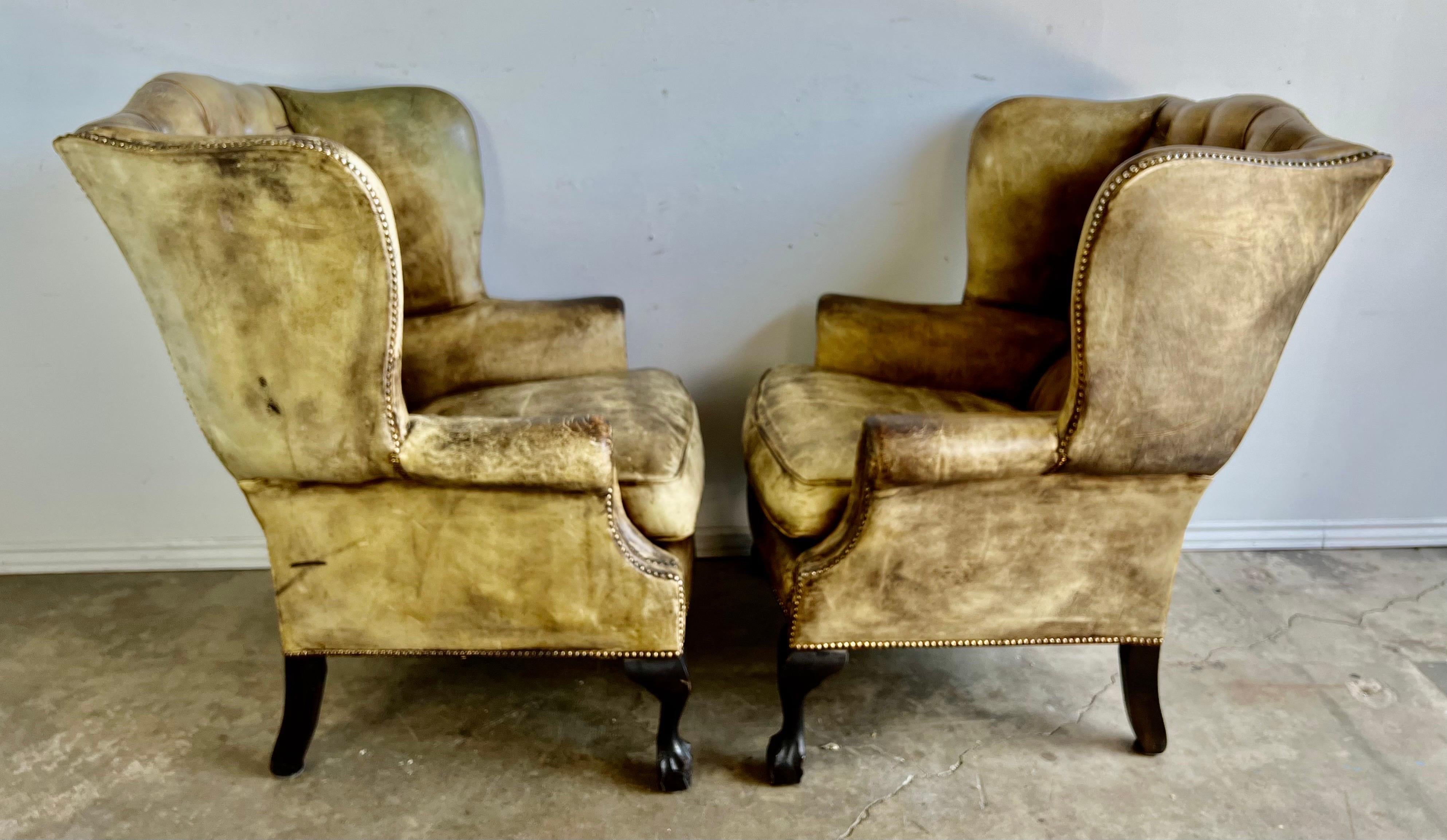 Pair of English Leather Tufted Wingback Armchairs C. 1900's 8