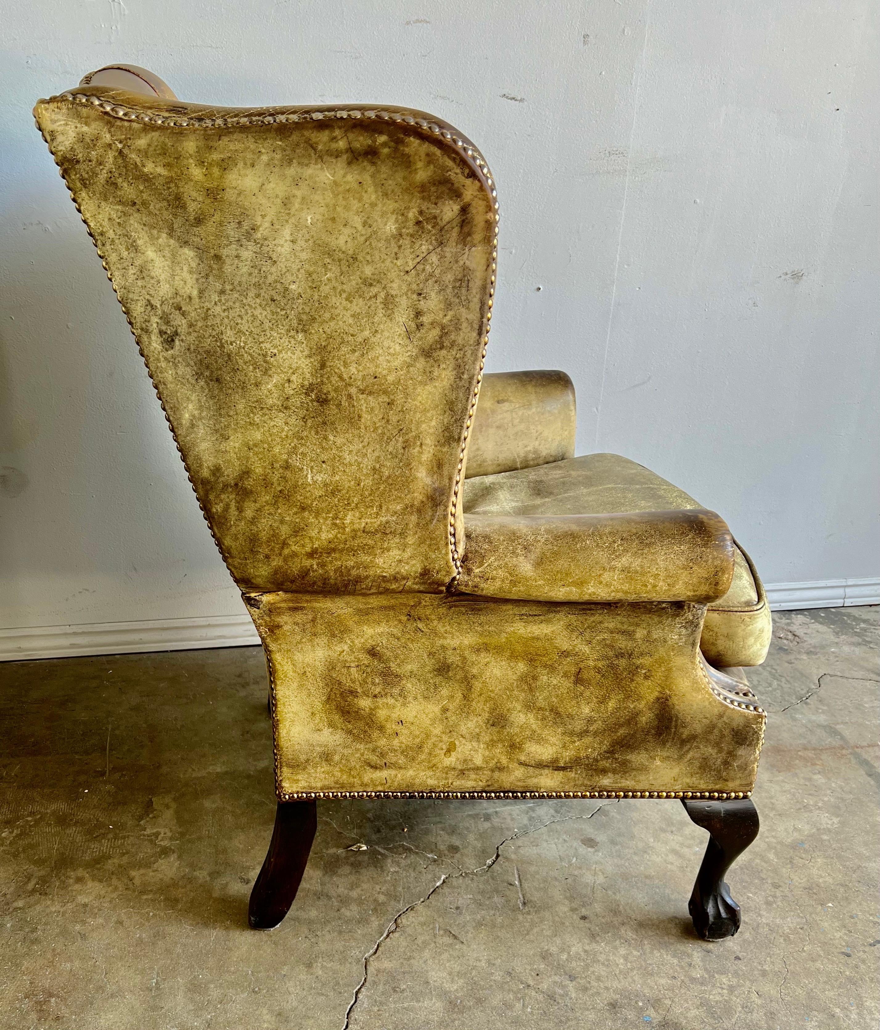 Pair of English Leather Tufted Wingback Armchairs C. 1900's 1