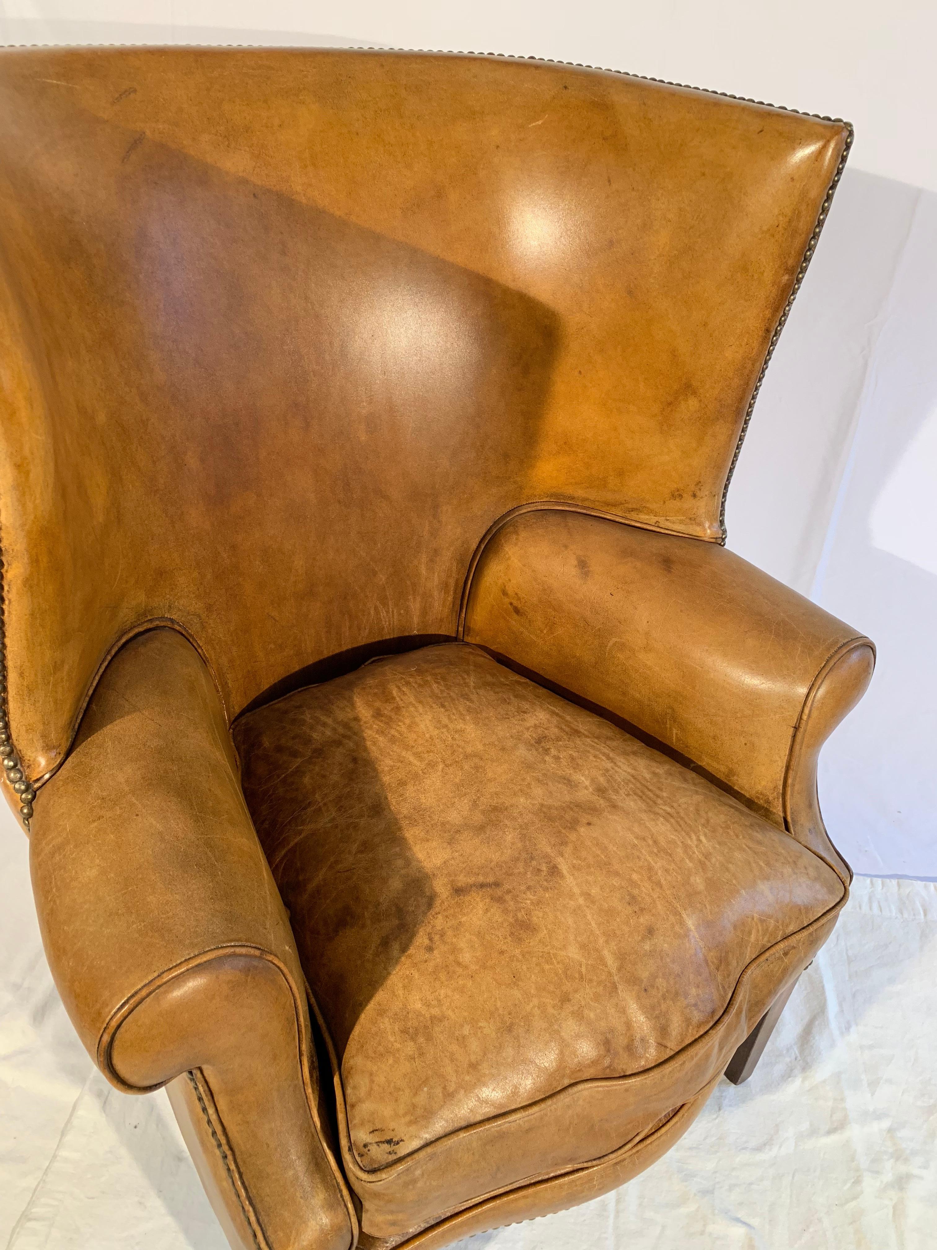 Pair of English Leather Wingback Chairs 5