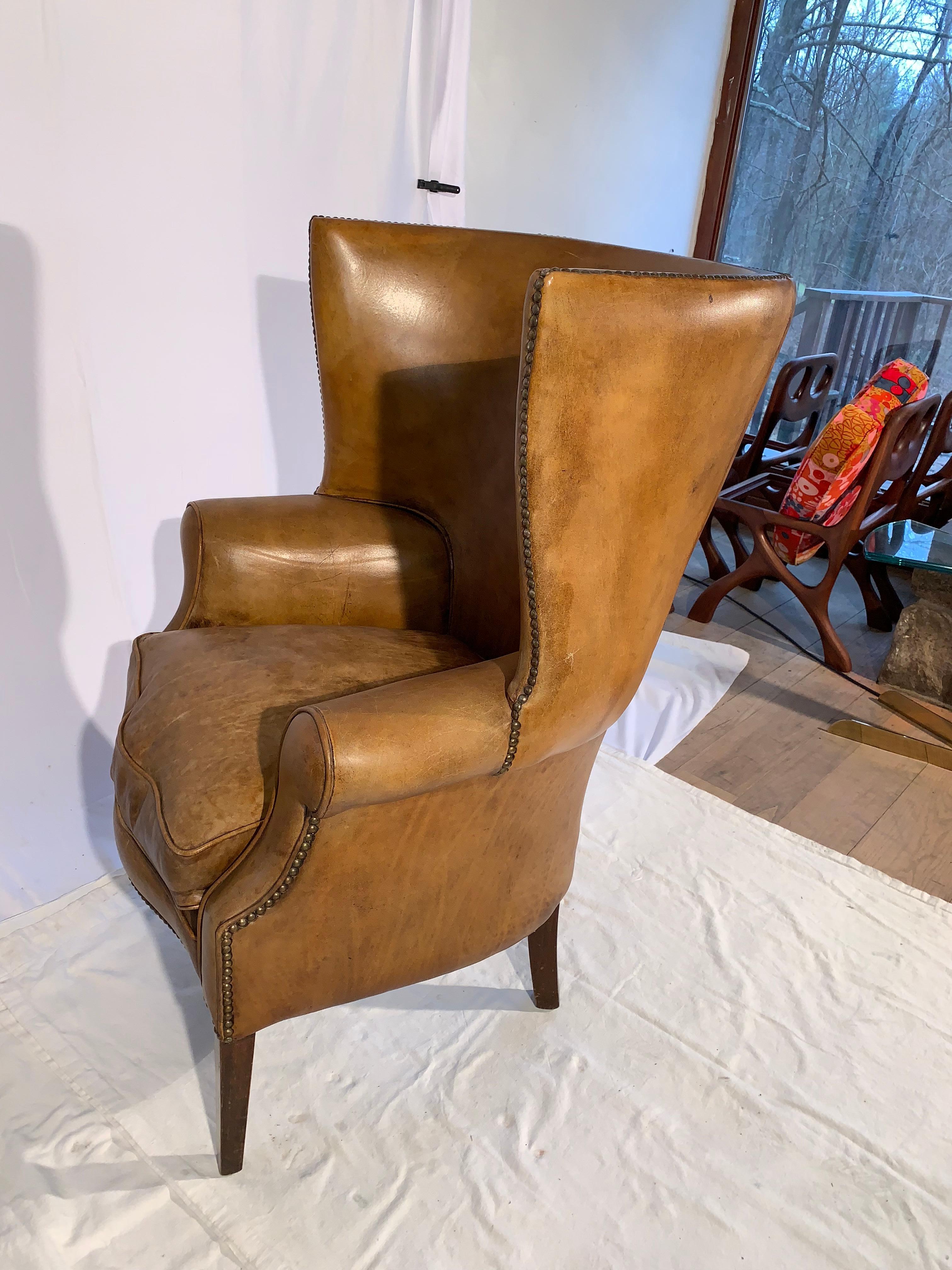 Pair of English Leather Wingback Chairs 11