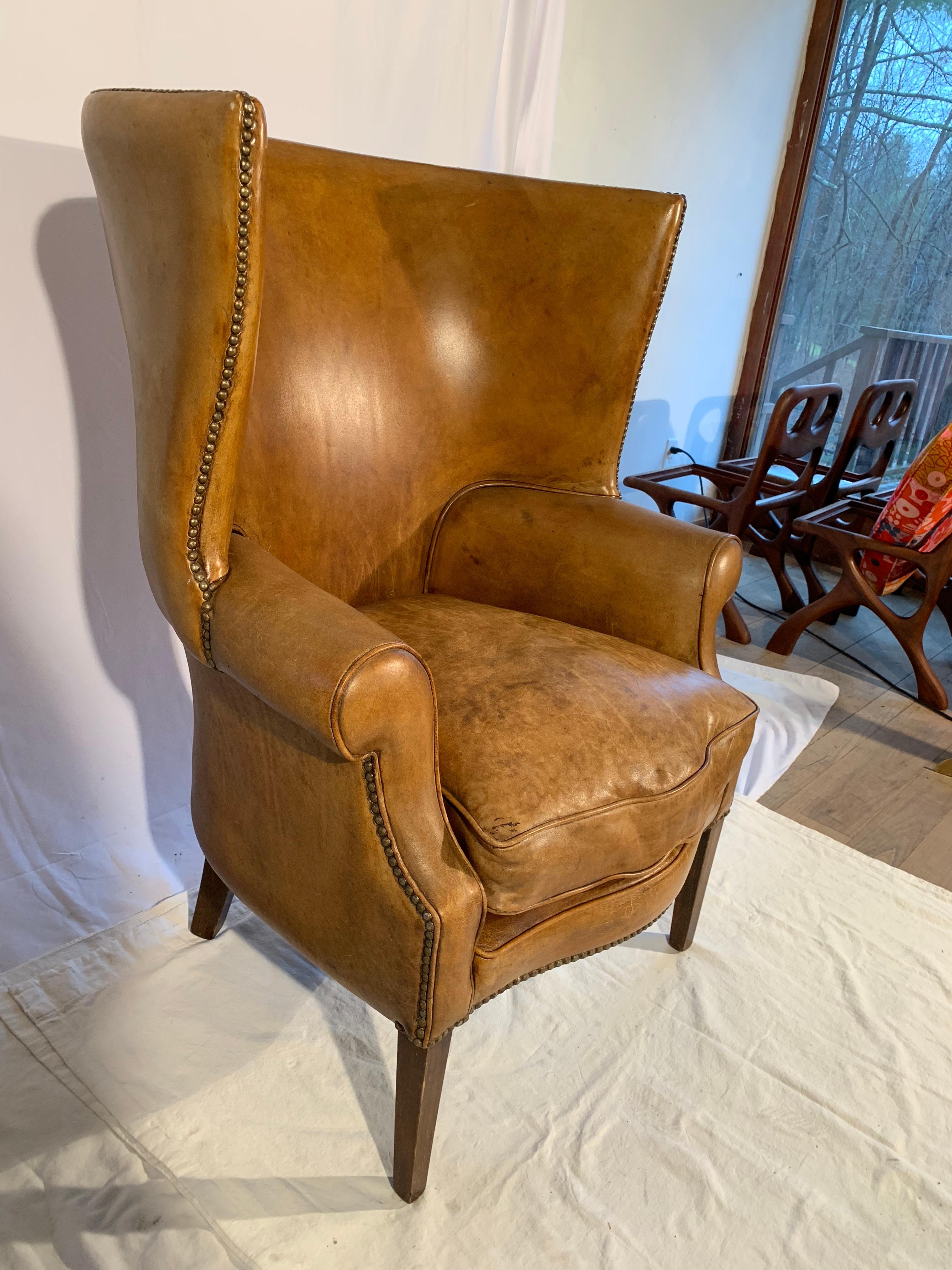 Pair of English Leather Wingback Chairs 1
