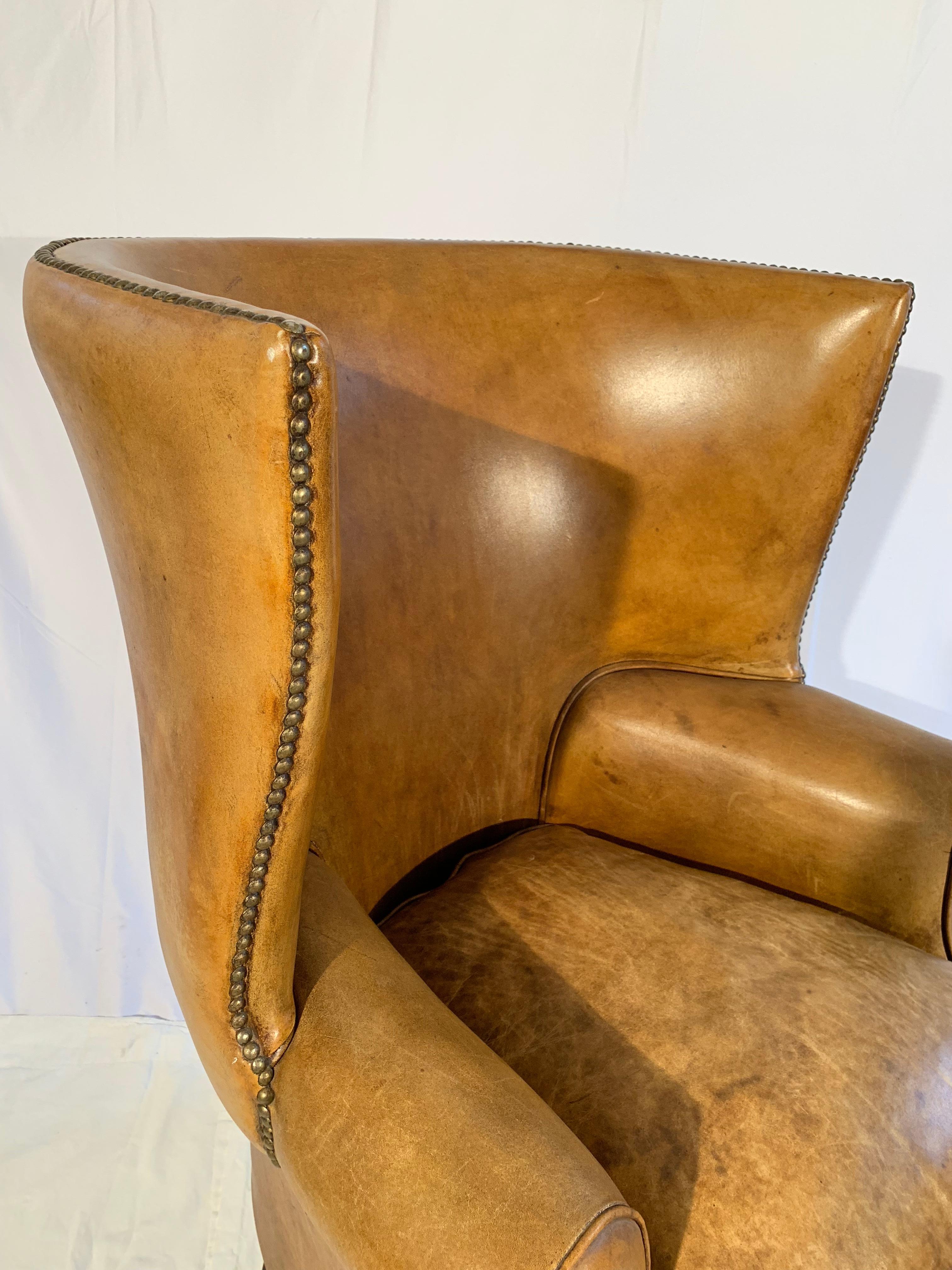 Pair of English Leather Wingback Chairs 4