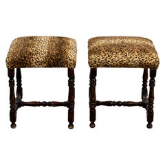 Pair of English Leopard Print Fabric Benches