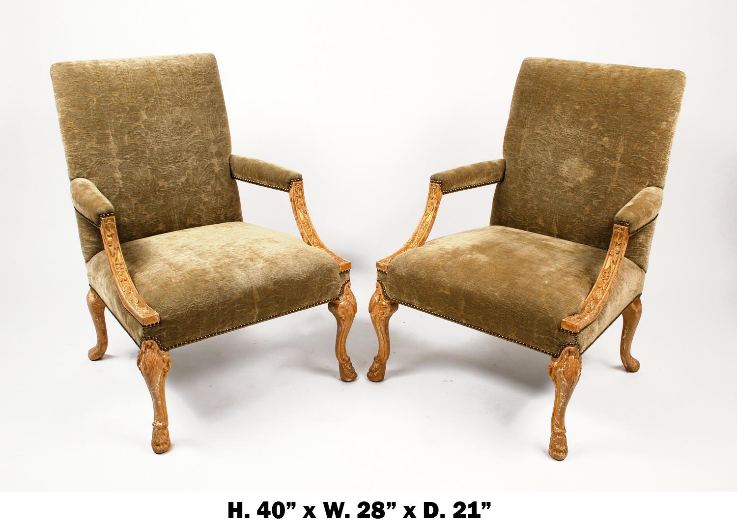 Desirable pair of English George III style library armchairs, well proportioned and upholstered.
with bleached wood finish, very comfortable.
few scattered spots of stain to upholstery.
20th century 
Measures: H.40