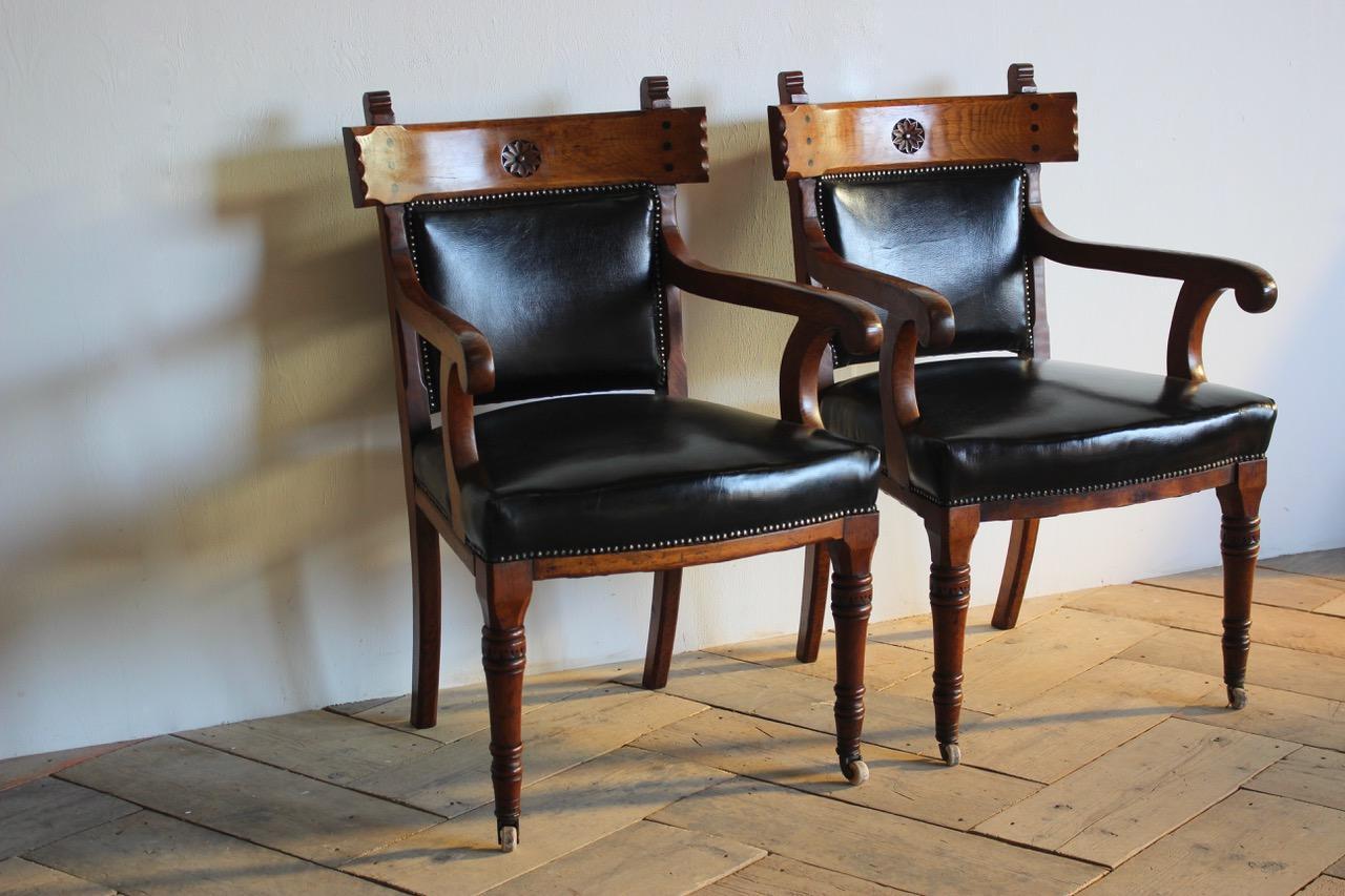 19th Century Pair of English Library Armchairs Reupholstered in Leather