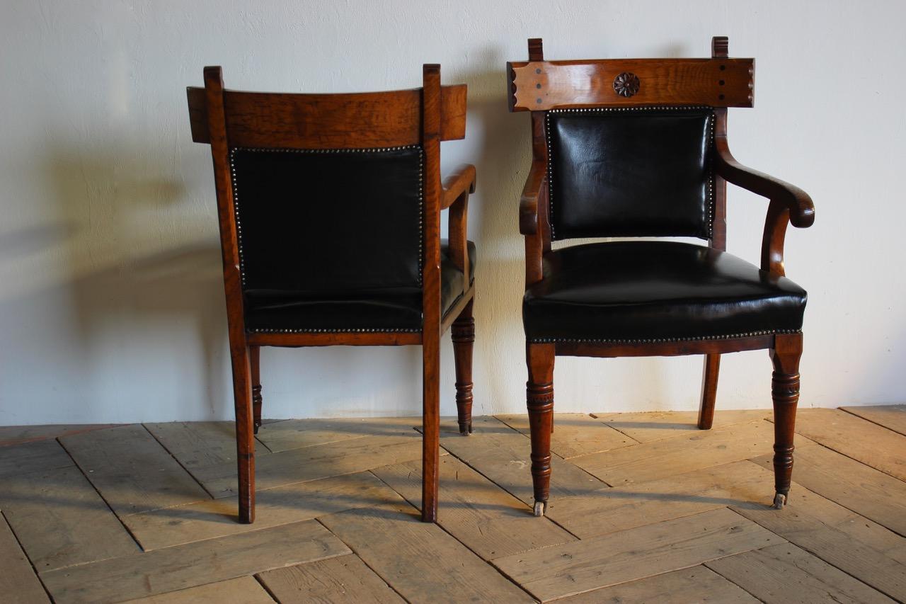 Pair of English Library Armchairs Reupholstered in Leather 1