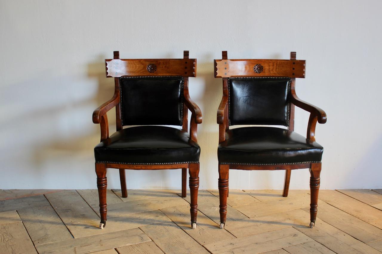 Pair of English Library Armchairs Reupholstered in Leather 4