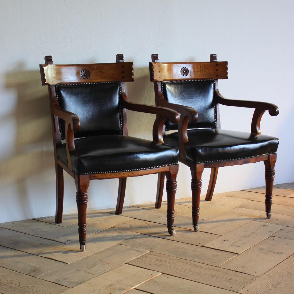 Pair of English Library Armchairs Reupholstered in Leather 5