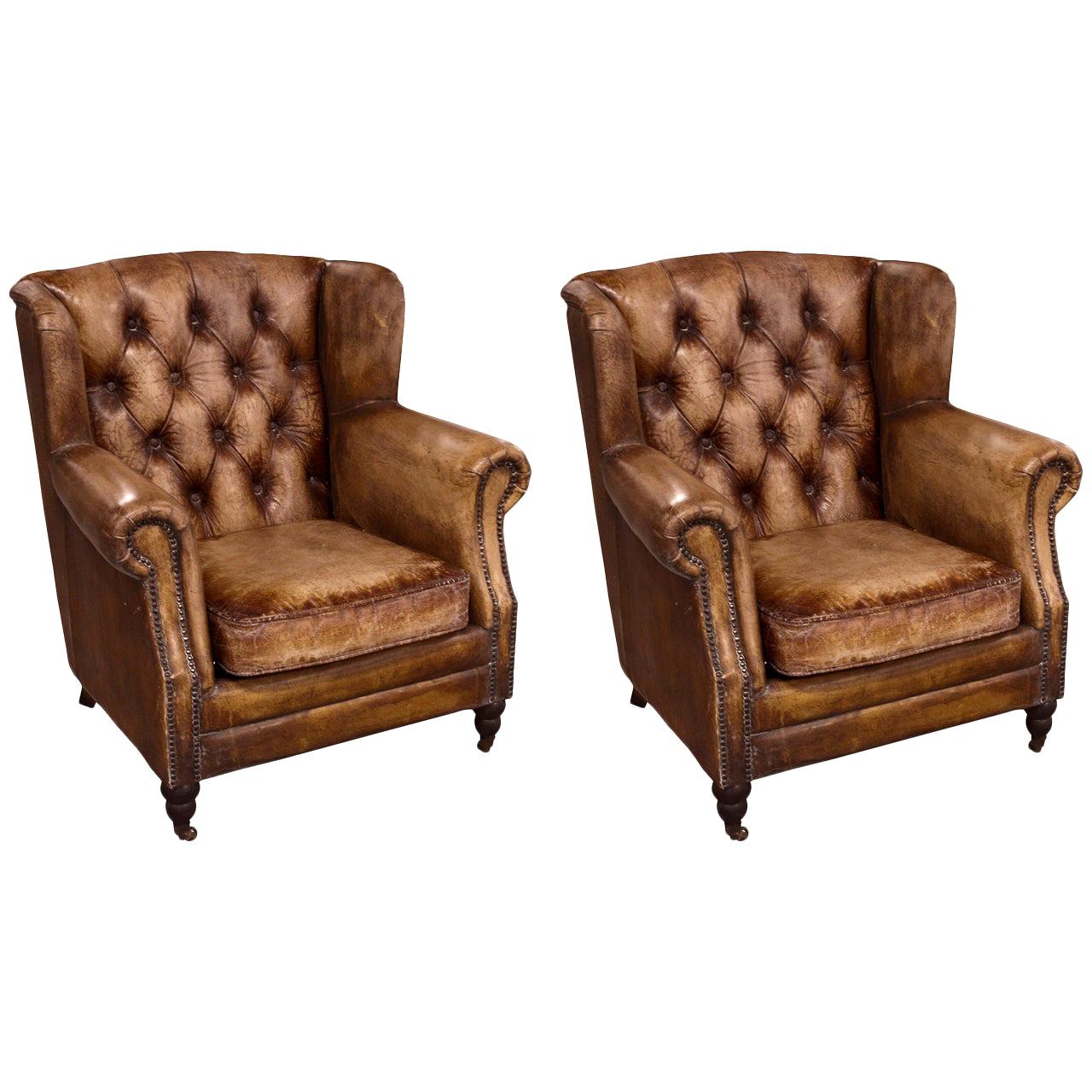 Pair of English Library Chairs with Distressed Leather, Priced Per Chair