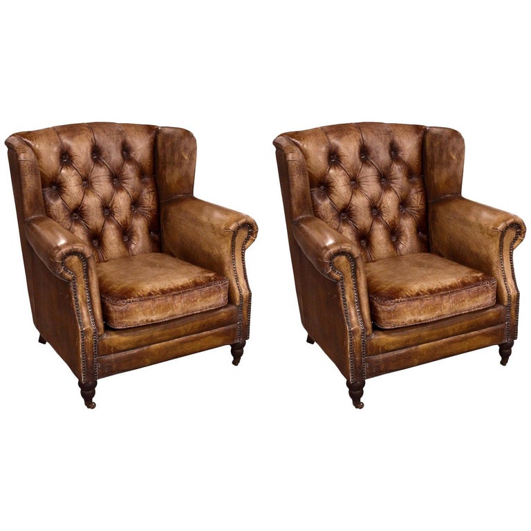 Pair of English Library Chairs with Distressed Leather, Priced Per Chair  For Sale at 1stDibs | leather library chairs for sale, library chairs sale,  distressed brown leather chair