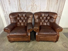 Pair of English Library Club Chairs in Hand-Finished Cognac Leather