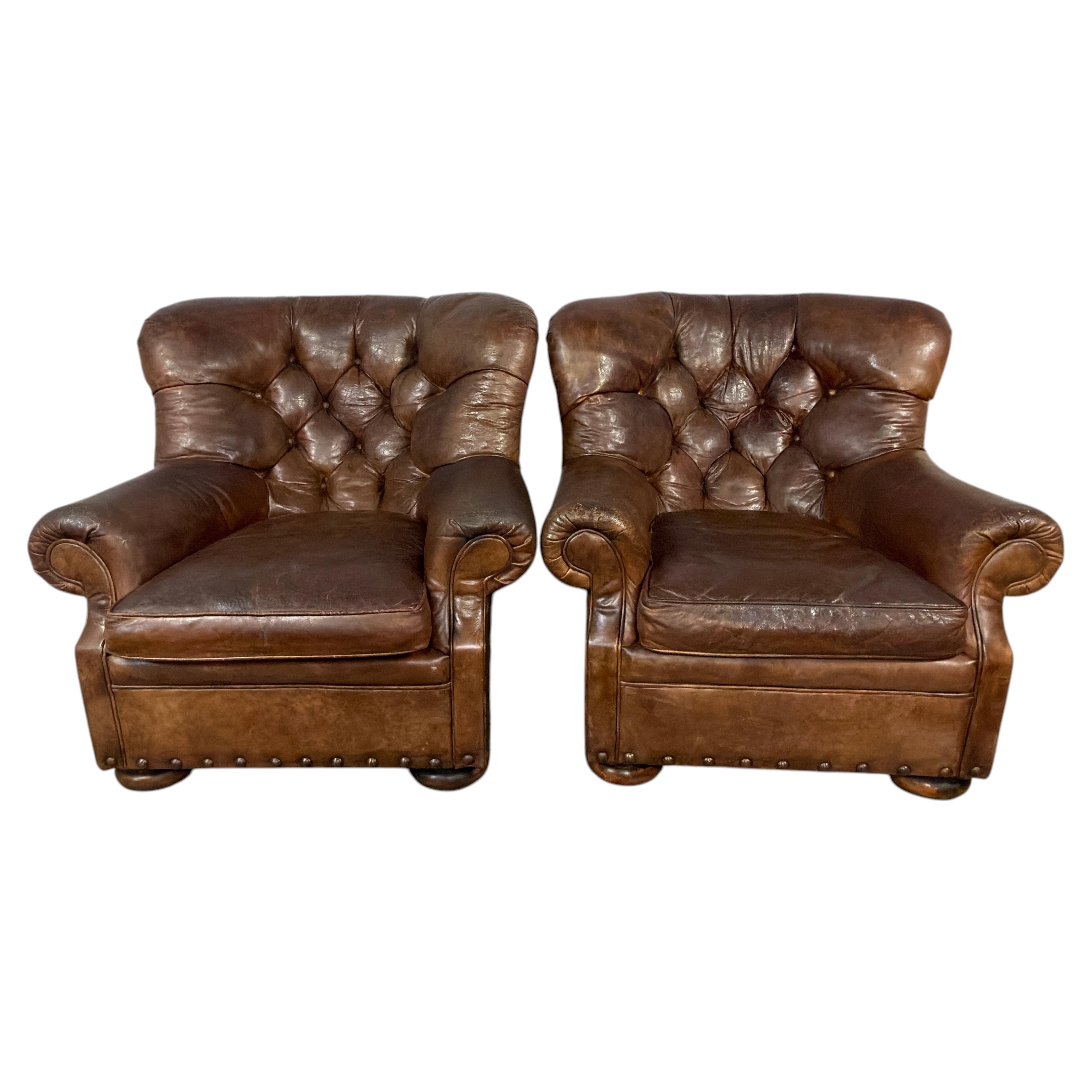 Pair of English Library Club Chairs in Hand-Finished Cognac Leather