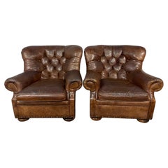 Pair of English Library Club Chairs in Hand-Finished Cognac Leather