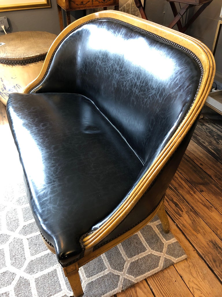 Pair of English Library Fruitwood and Faux Black Leather Loveseats For