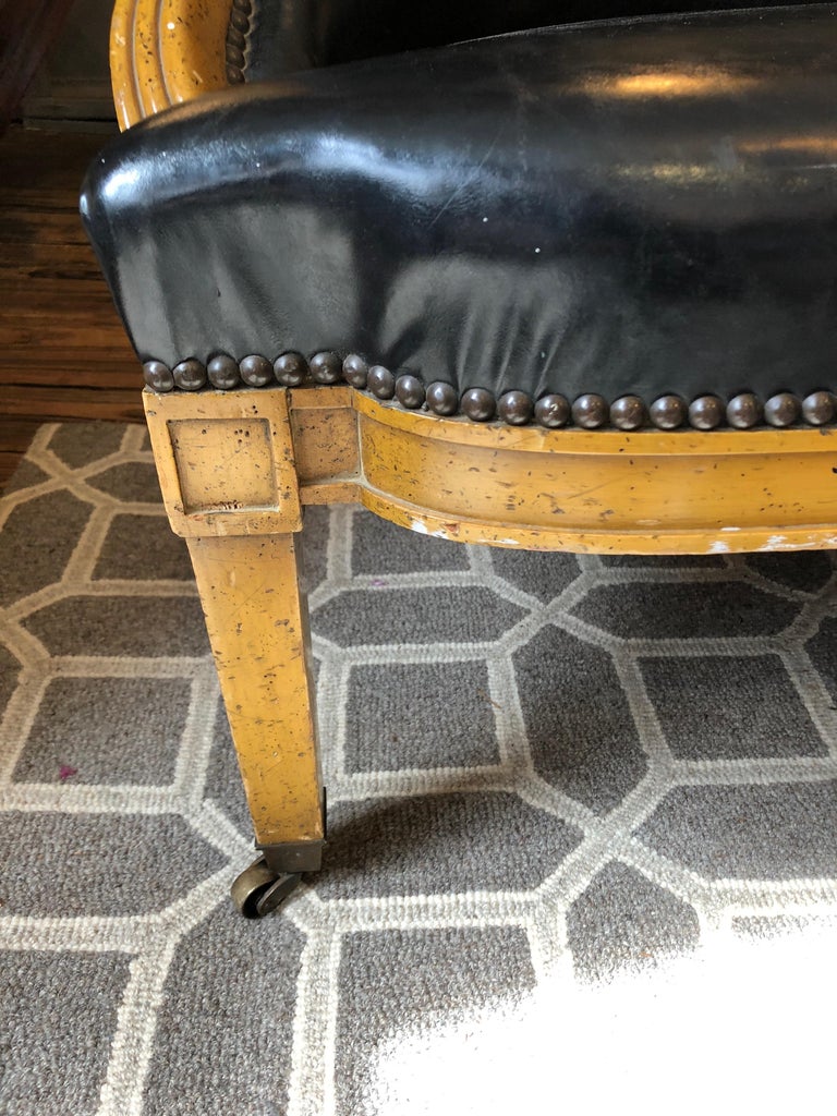 Pair of English Library Fruitwood and Faux Black Leather Loveseats For