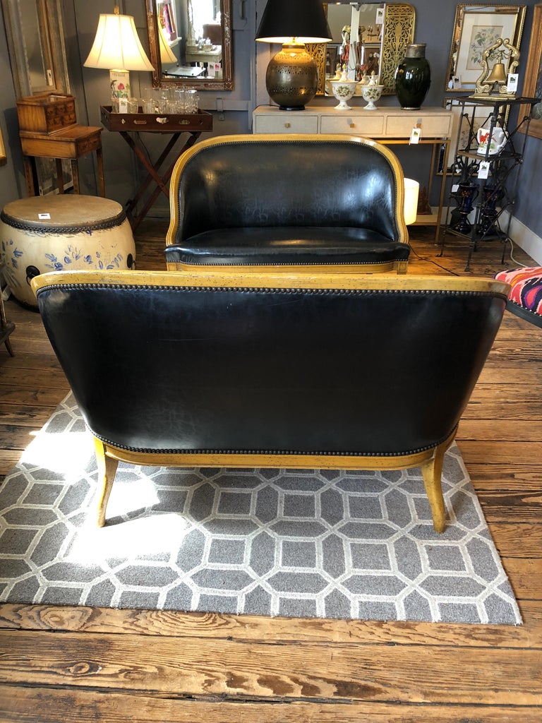 Pair of English Library Fruitwood and Faux Black Leather Loveseats For