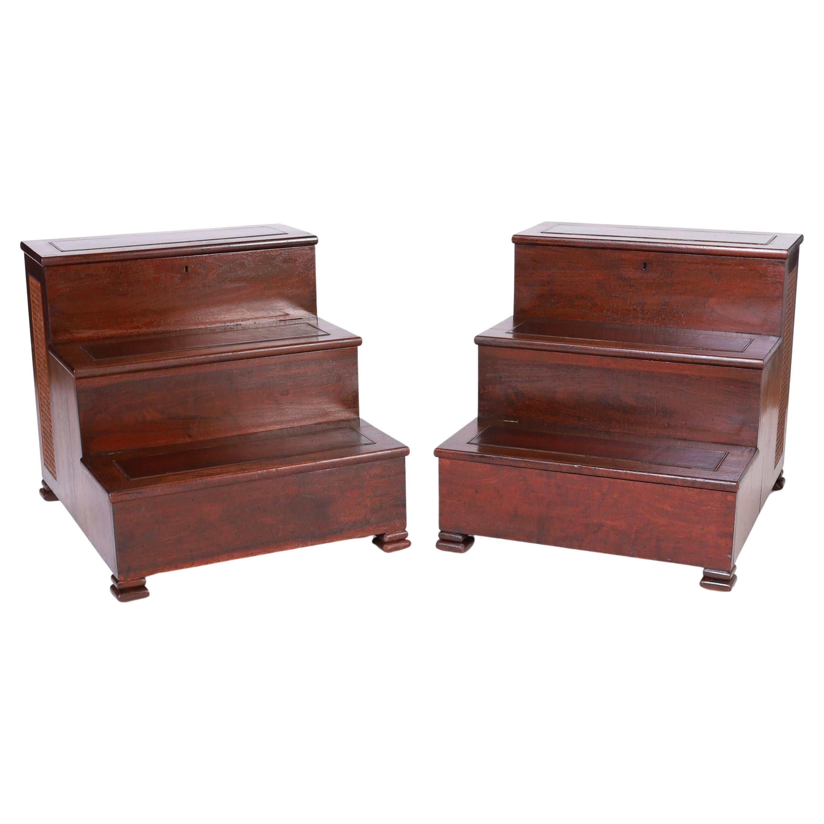 Pair of English Library Steps or Stands with Cane Panels For Sale