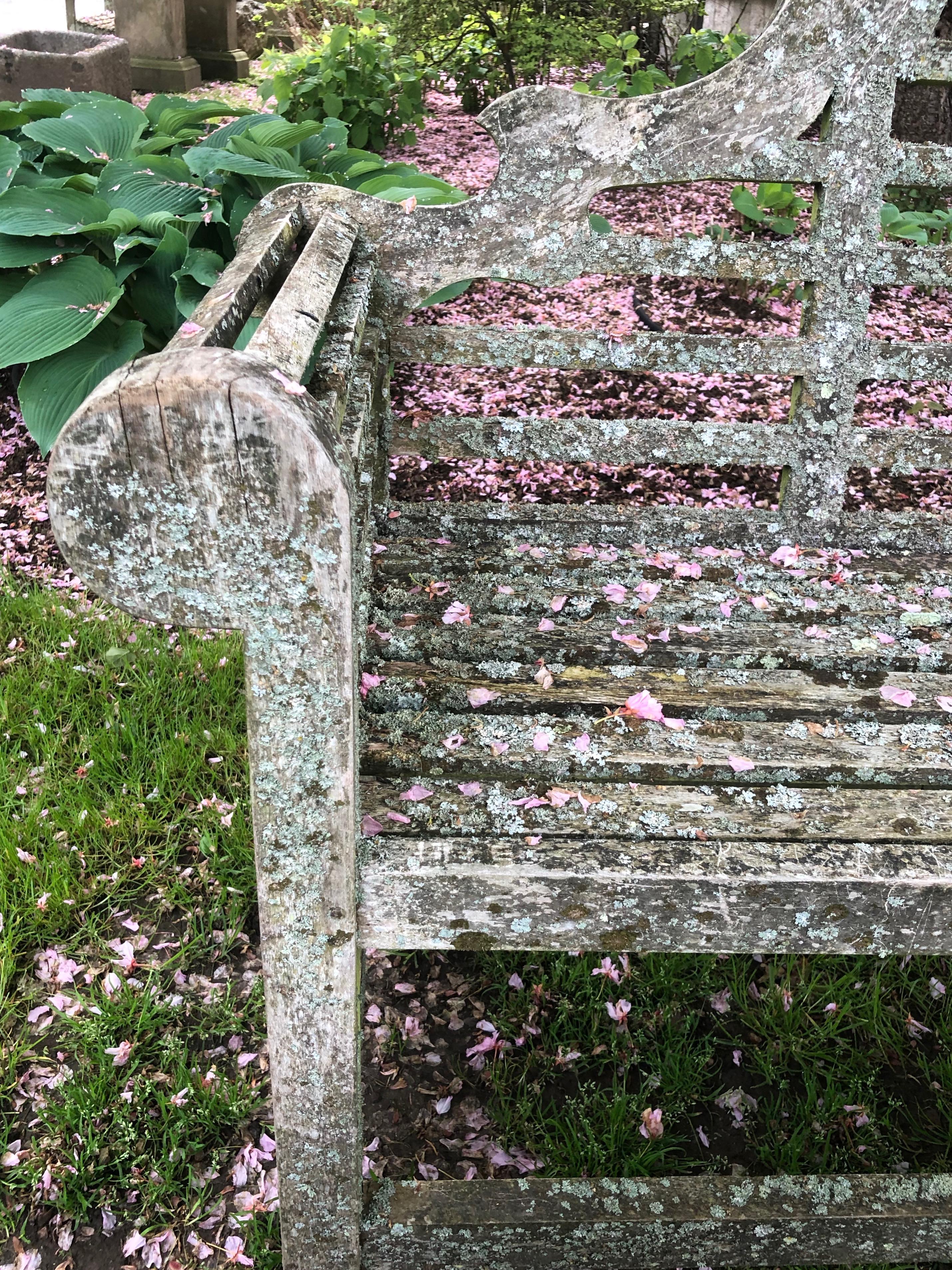 Pair of English Lichen-Encrusted Lutyens-Style Benches in Teak 4