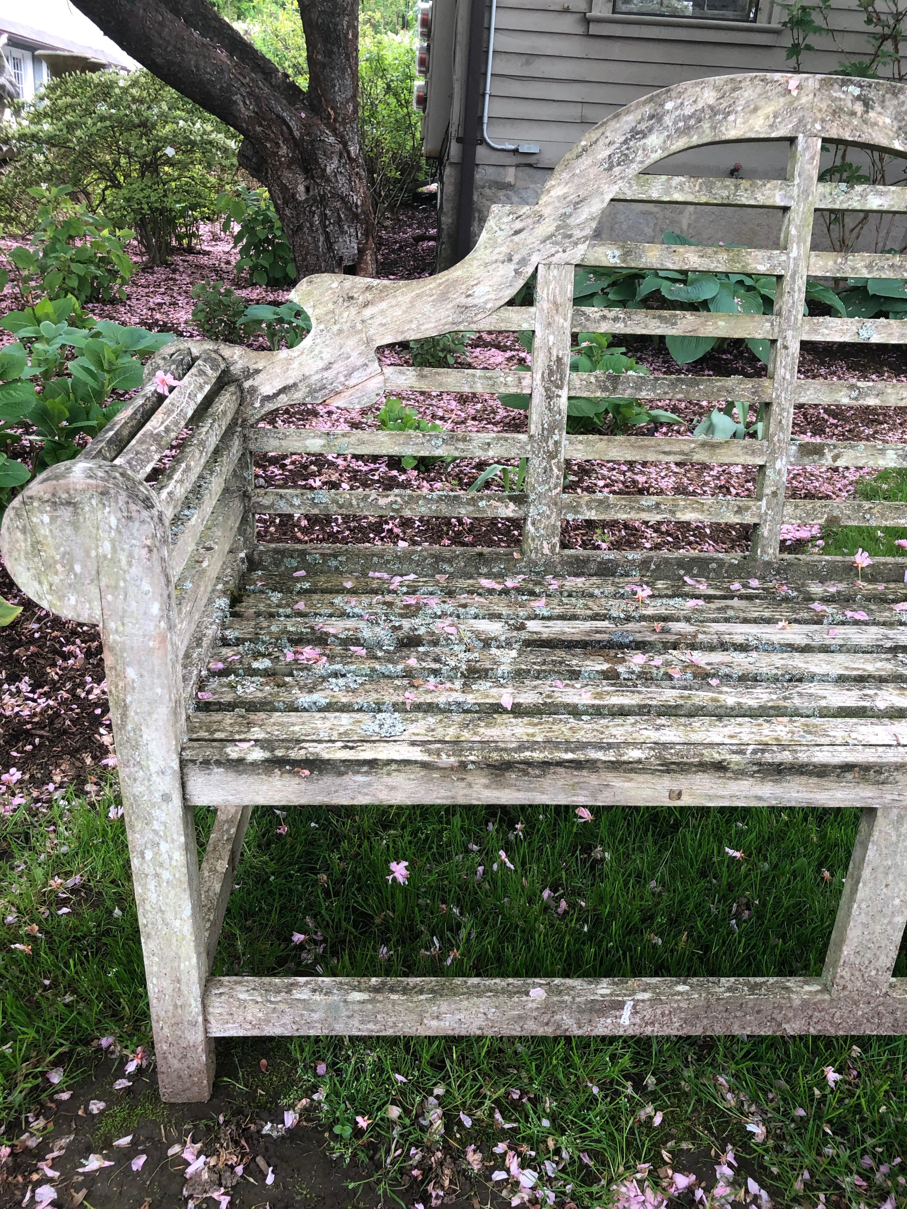 Pair of English Lichen-Encrusted Lutyens-Style Benches in Teak 8