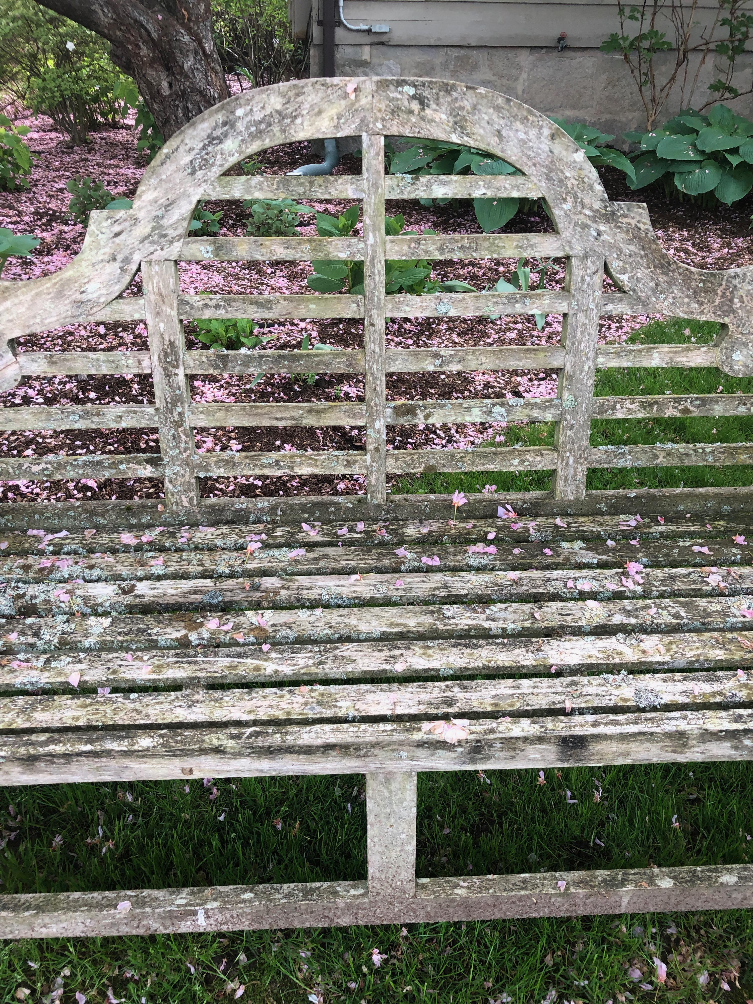 Pair of English Lichen-Encrusted Lutyens-Style Benches in Teak 9