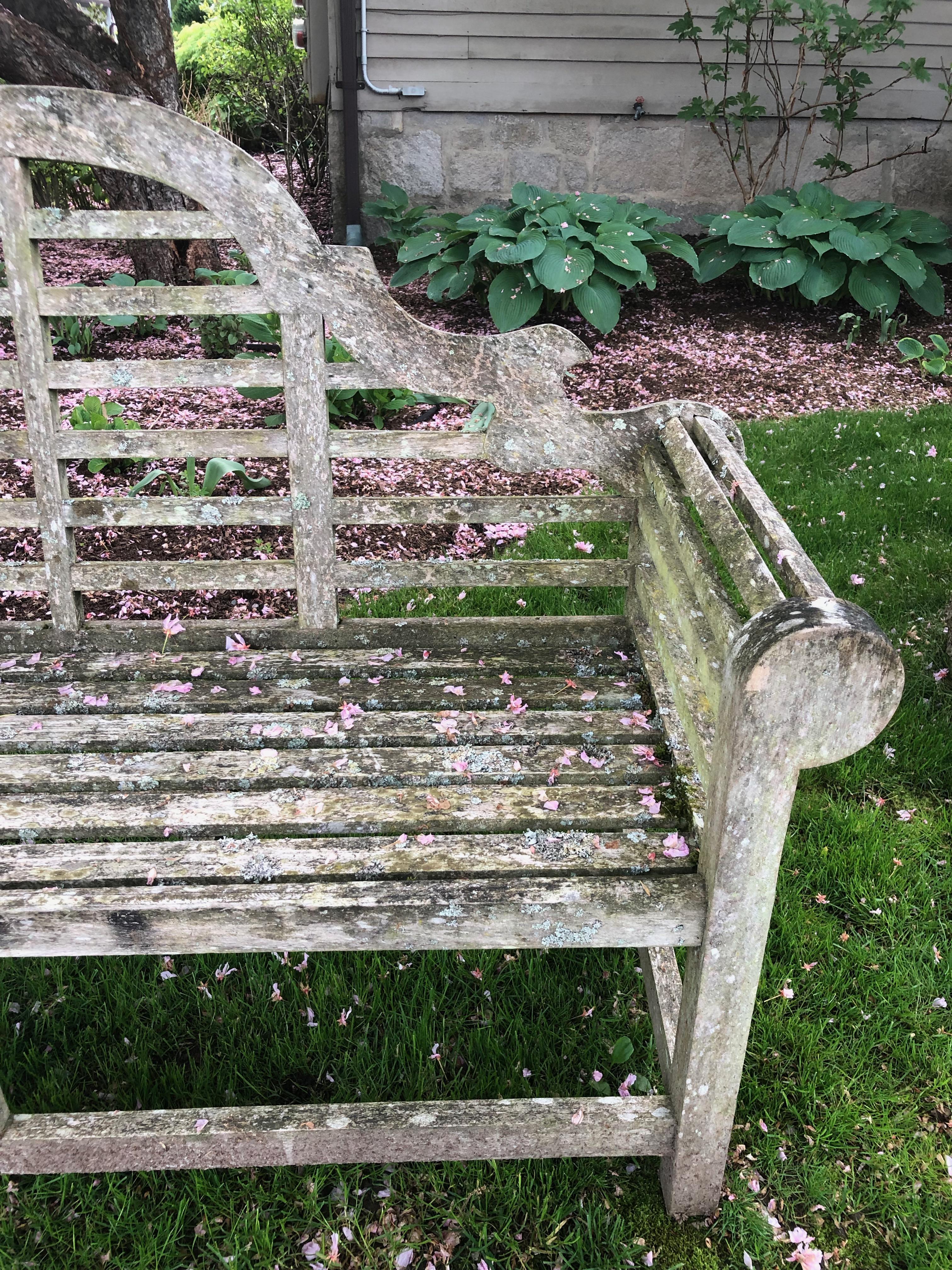 Pair of English Lichen-Encrusted Lutyens-Style Benches in Teak 10