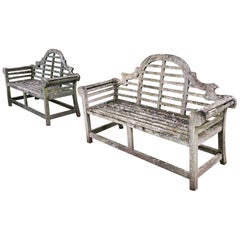 Used Pair of English Lichen-Encrusted Lutyens-Style Benches in Teak