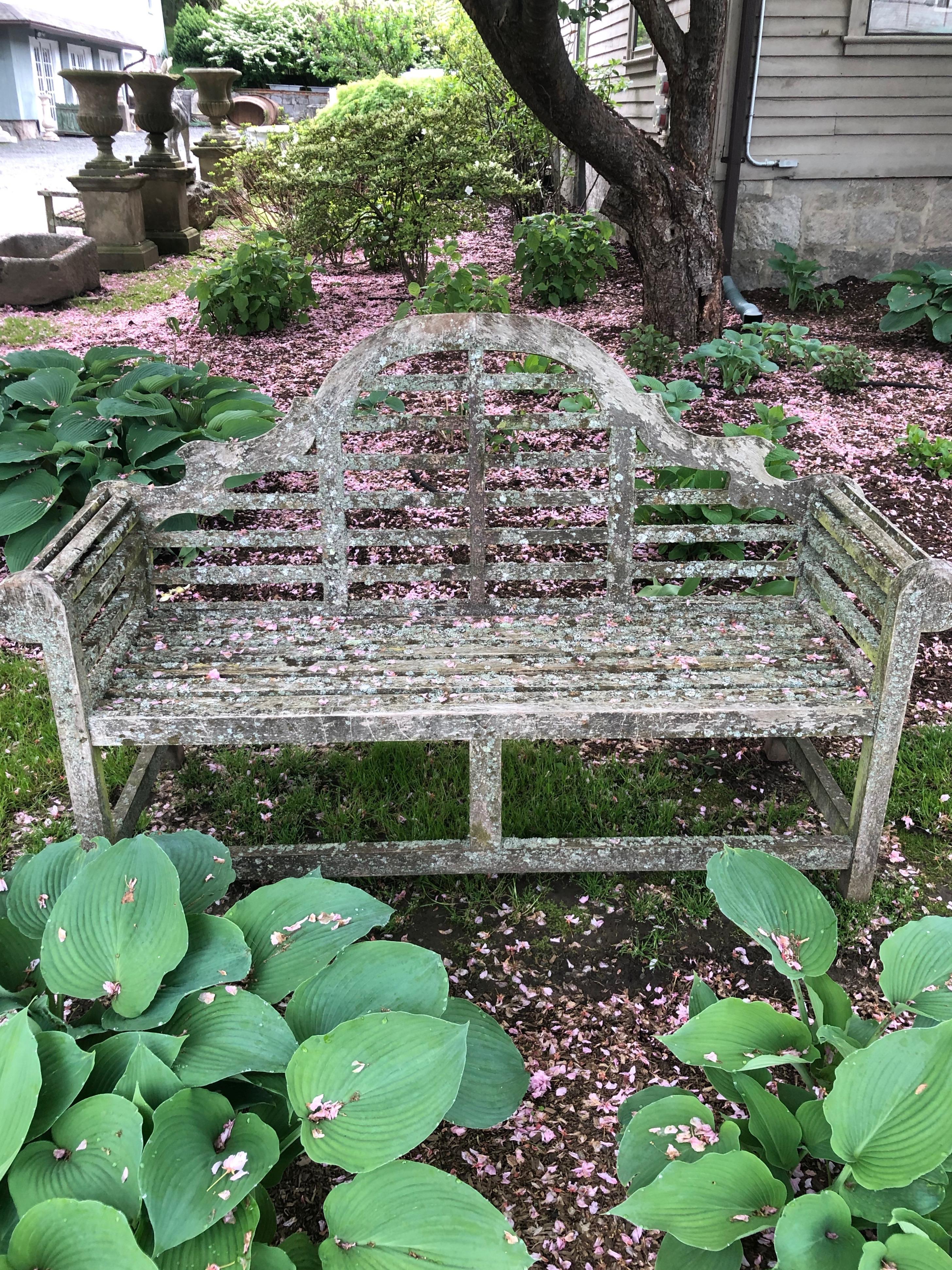 Edwardian Pair of English Lichen-Encrusted Lutyens-Style Benches in Teak