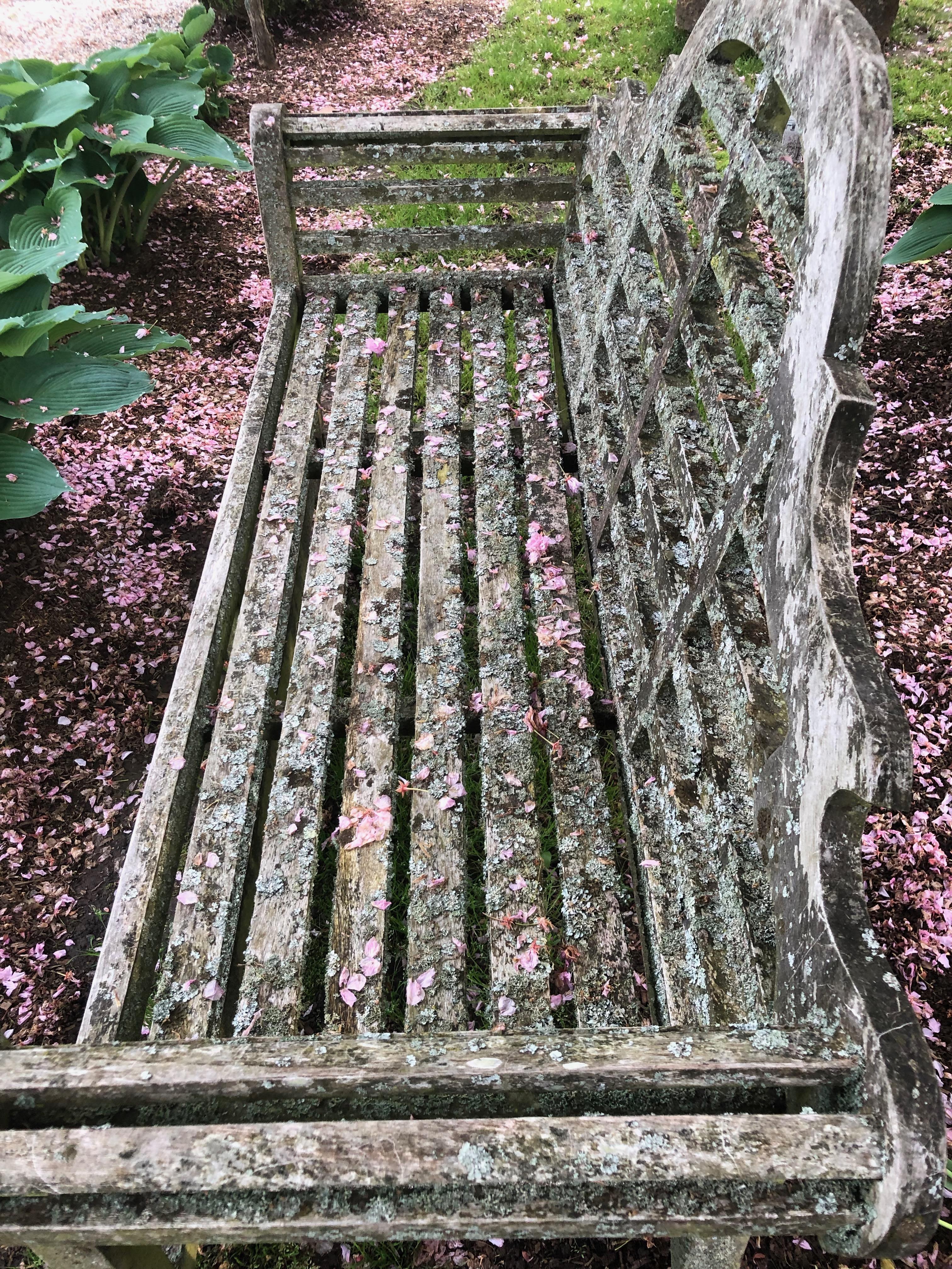 Pair of English Lichen-Encrusted Lutyens-Style Benches in Teak 1