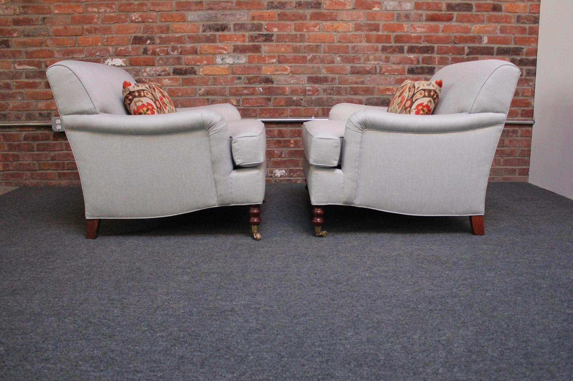 Late 20th Century Pair of English Linen and Mahogany Club Chairs Attributed to George Smith