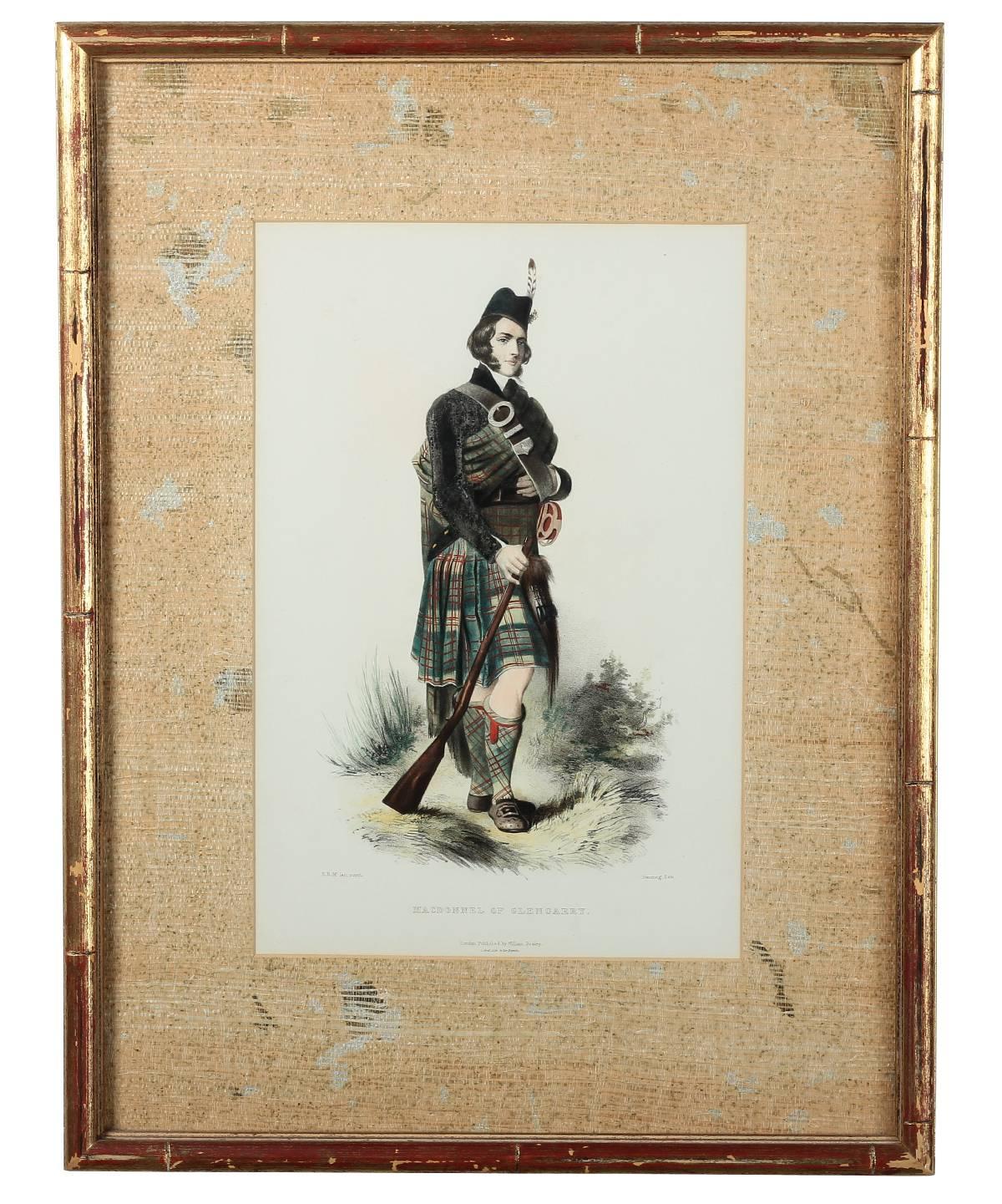 A pair of lithographs featuring 'MacDonnel of Glengarry' and 'Clanranald'. They are English pieces by artist R.R. McIan, dating to 1847. The sight size for each measures 14 inches high by 9 inches wide and the frame size for each measures 21 inches