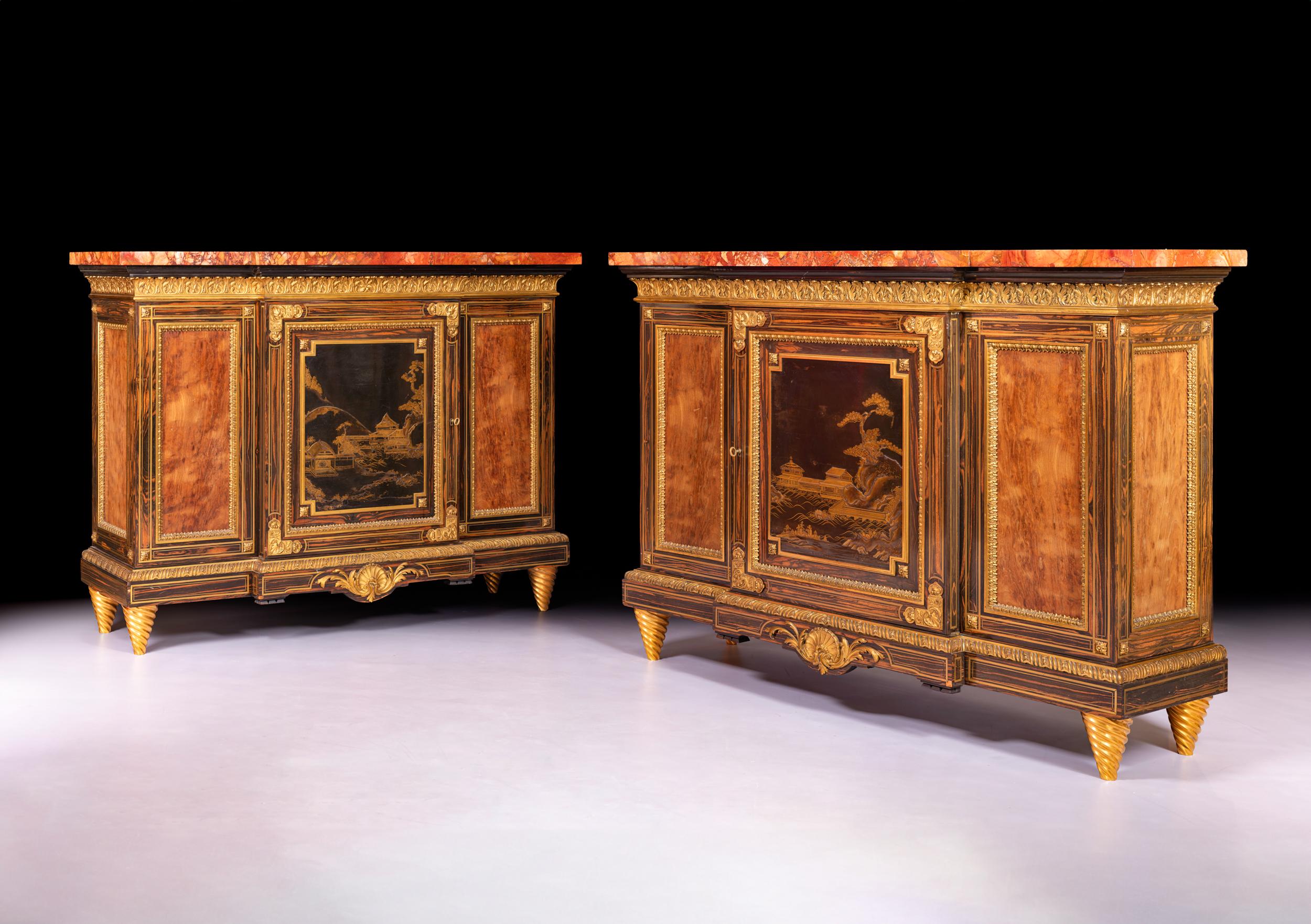 Pair of English Louis XIV Style Breakfront Side Cabinets Attributed to Gillows In Good Condition For Sale In Dublin, IE