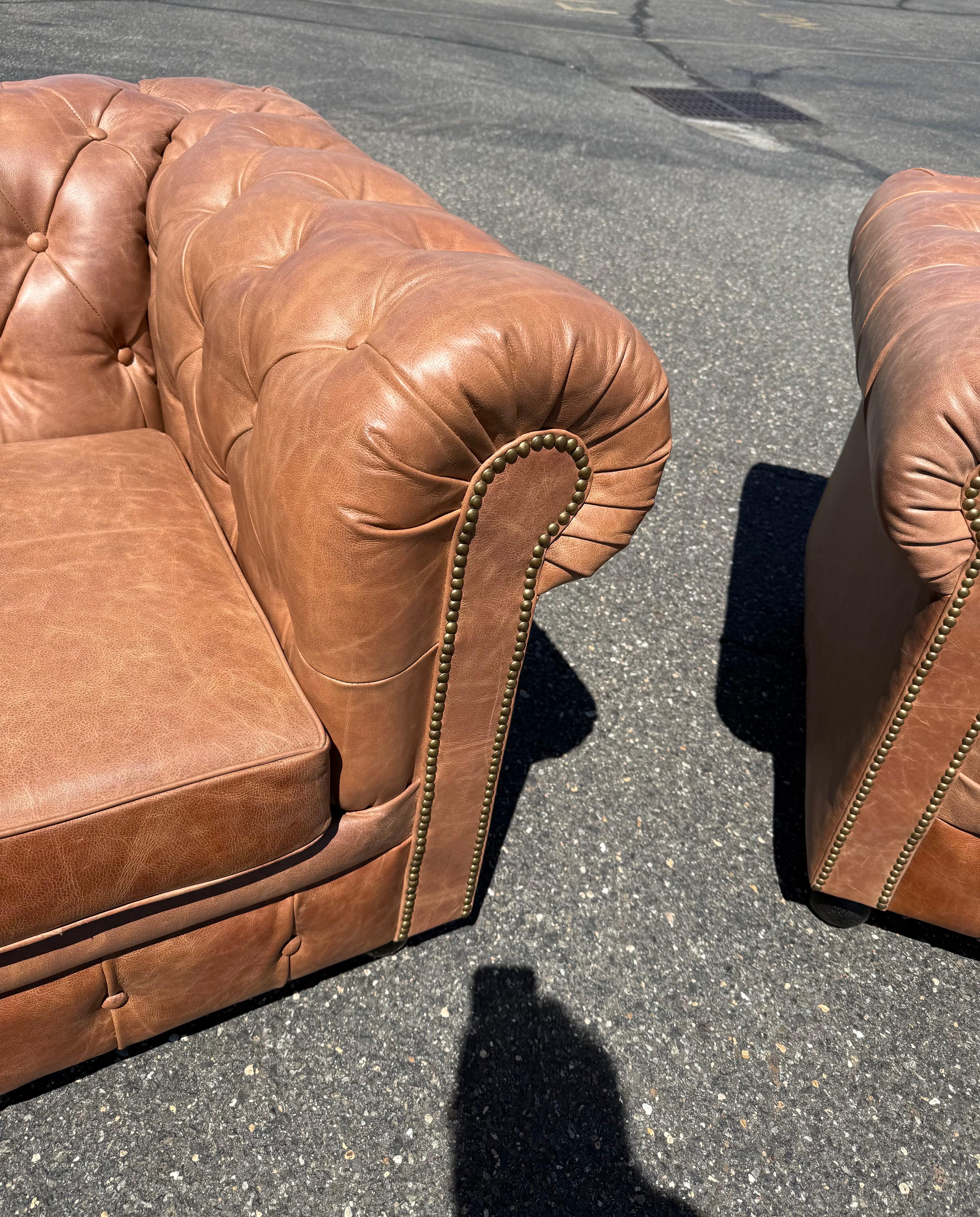 Pair of English-Made Crackled Distressed Cinnamon Brown Chesterfield Club Chairs For Sale 5