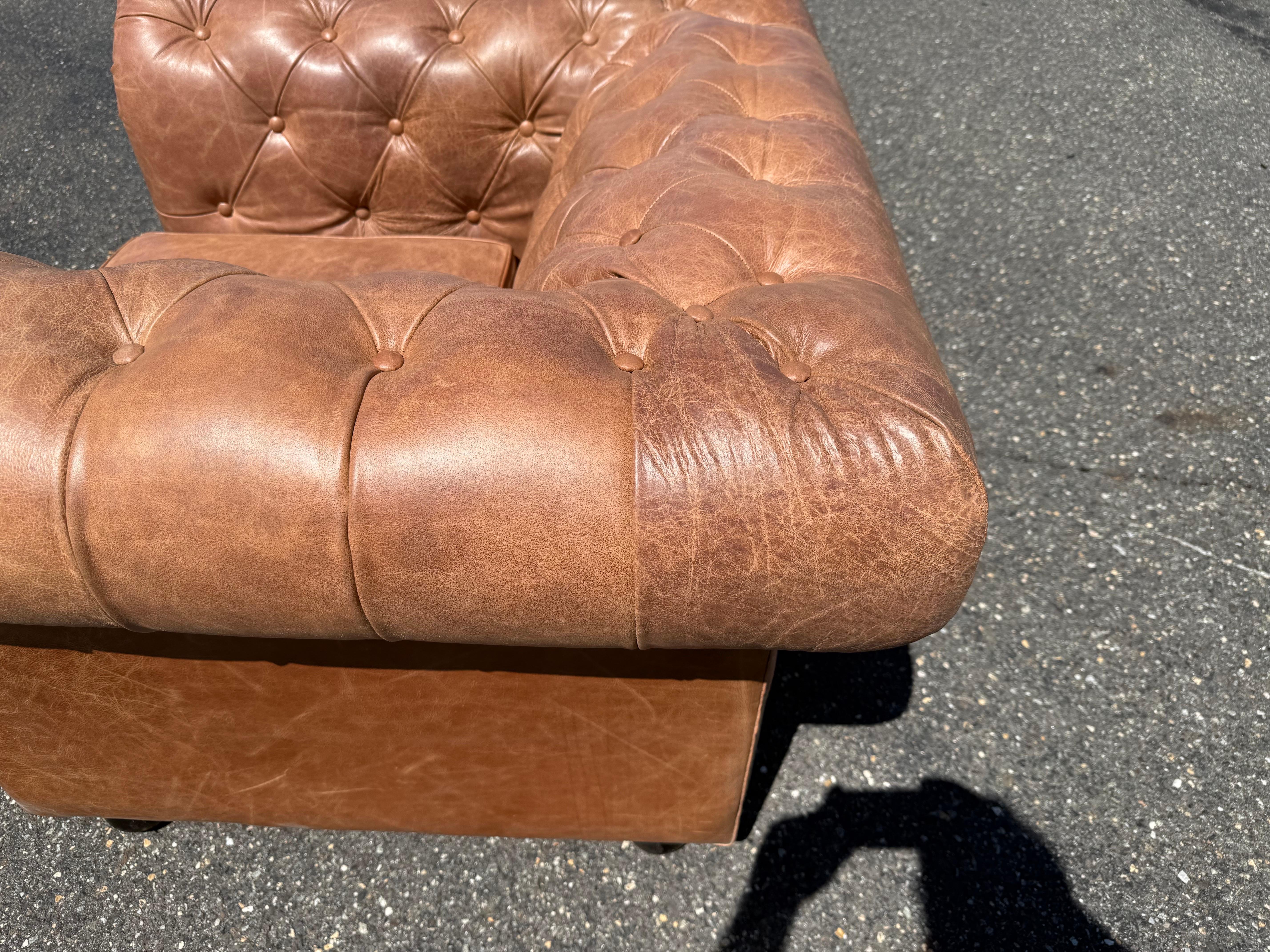 Pair of English-Made Crackled Distressed Cinnamon Brown Chesterfield Club Chairs For Sale 6