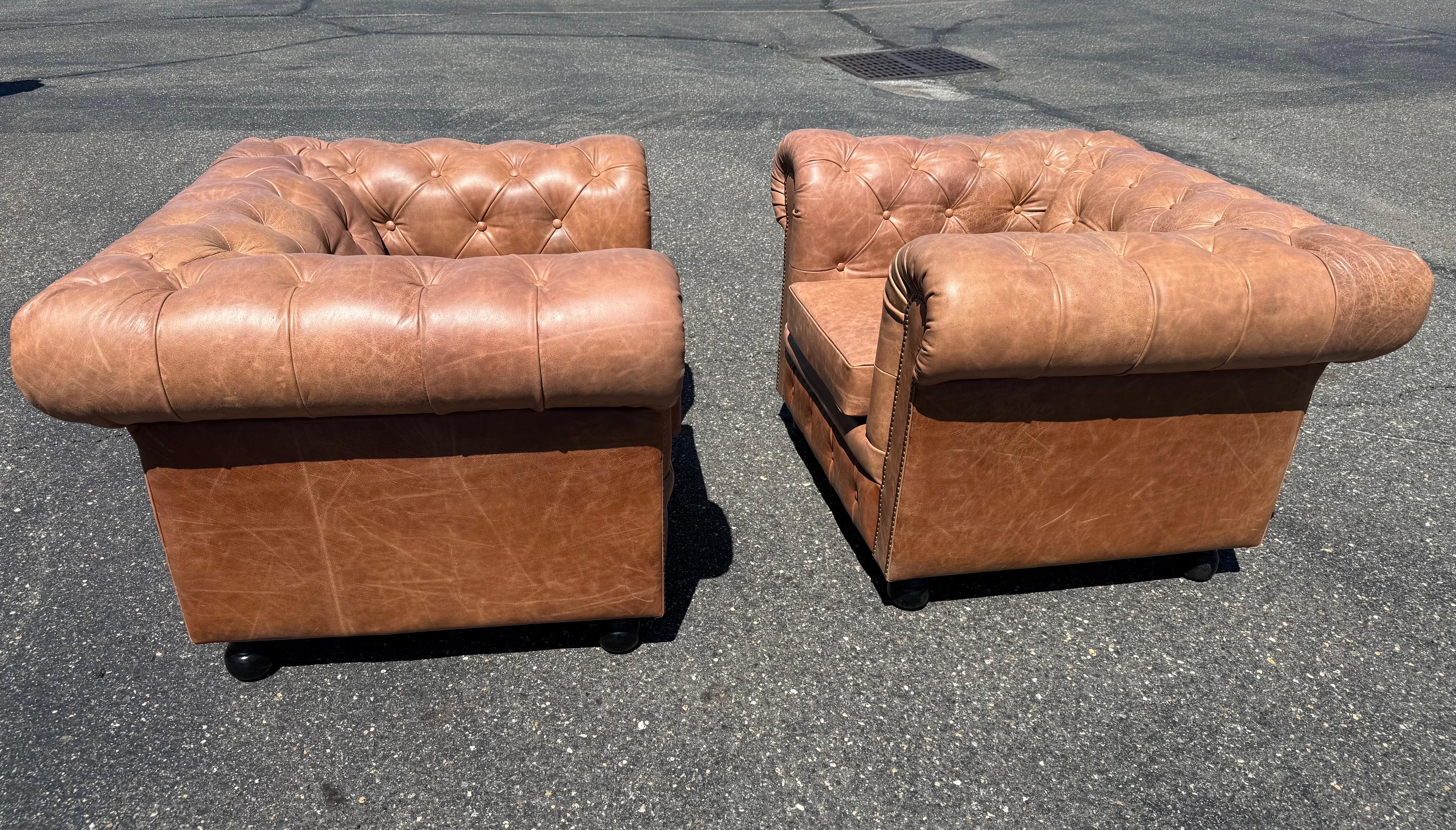 Pair of English-Made Crackled Distressed Cinnamon Brown Chesterfield Club Chairs For Sale 7