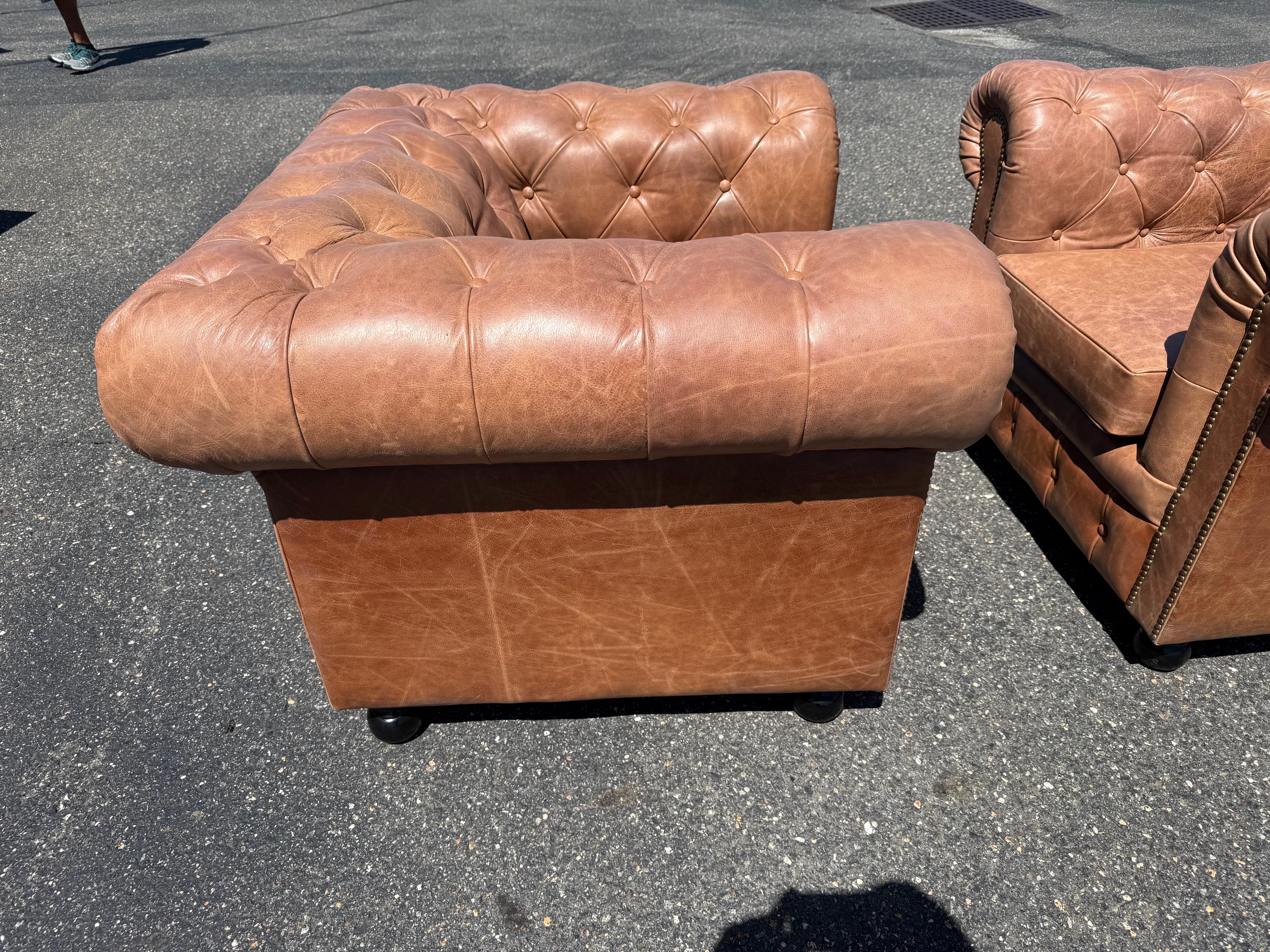Pair of English-Made Crackled Distressed Cinnamon Brown Chesterfield Club Chairs For Sale 8