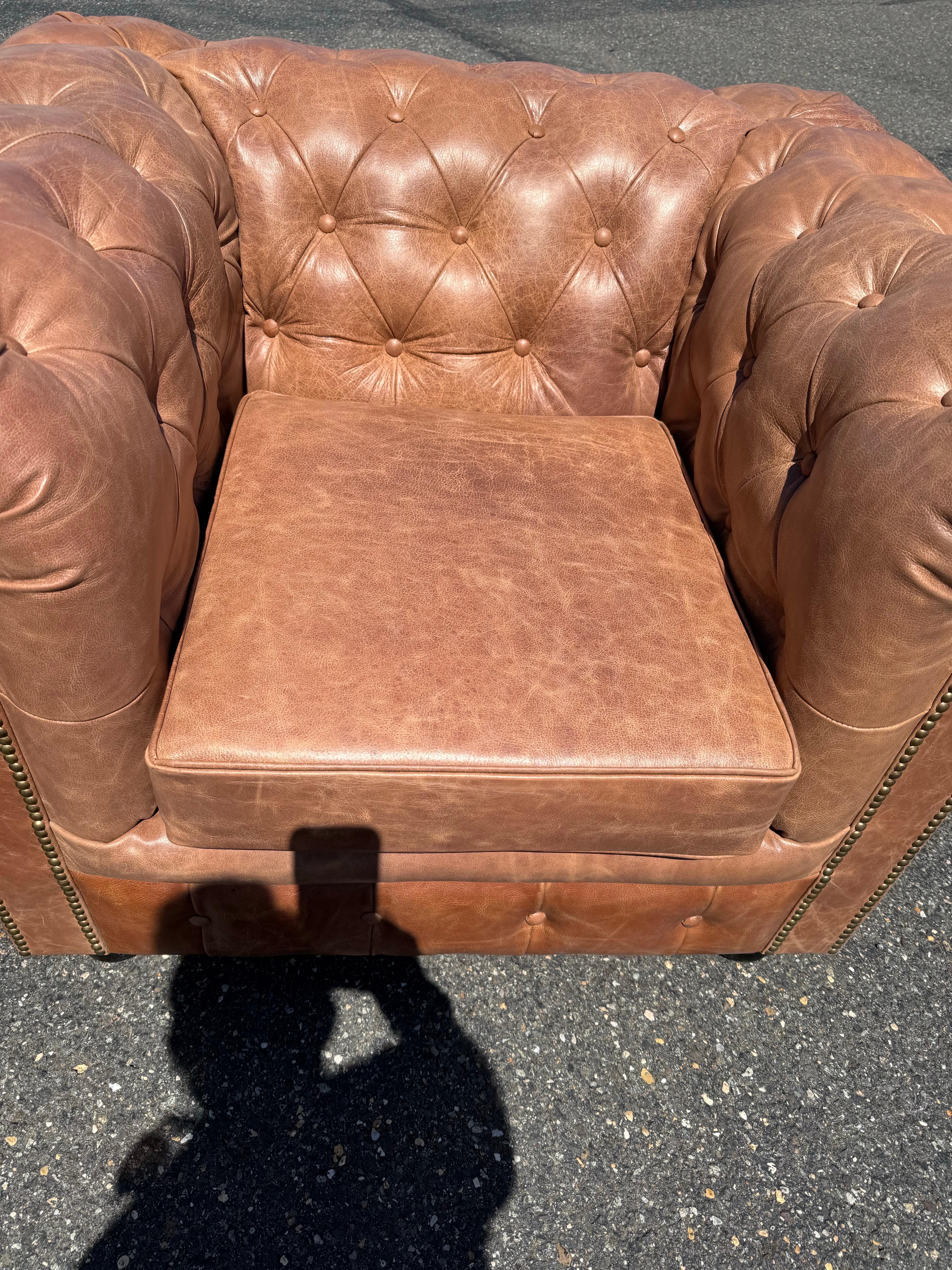 Pair of English-Made Crackled Distressed Cinnamon Brown Chesterfield Club Chairs For Sale 9