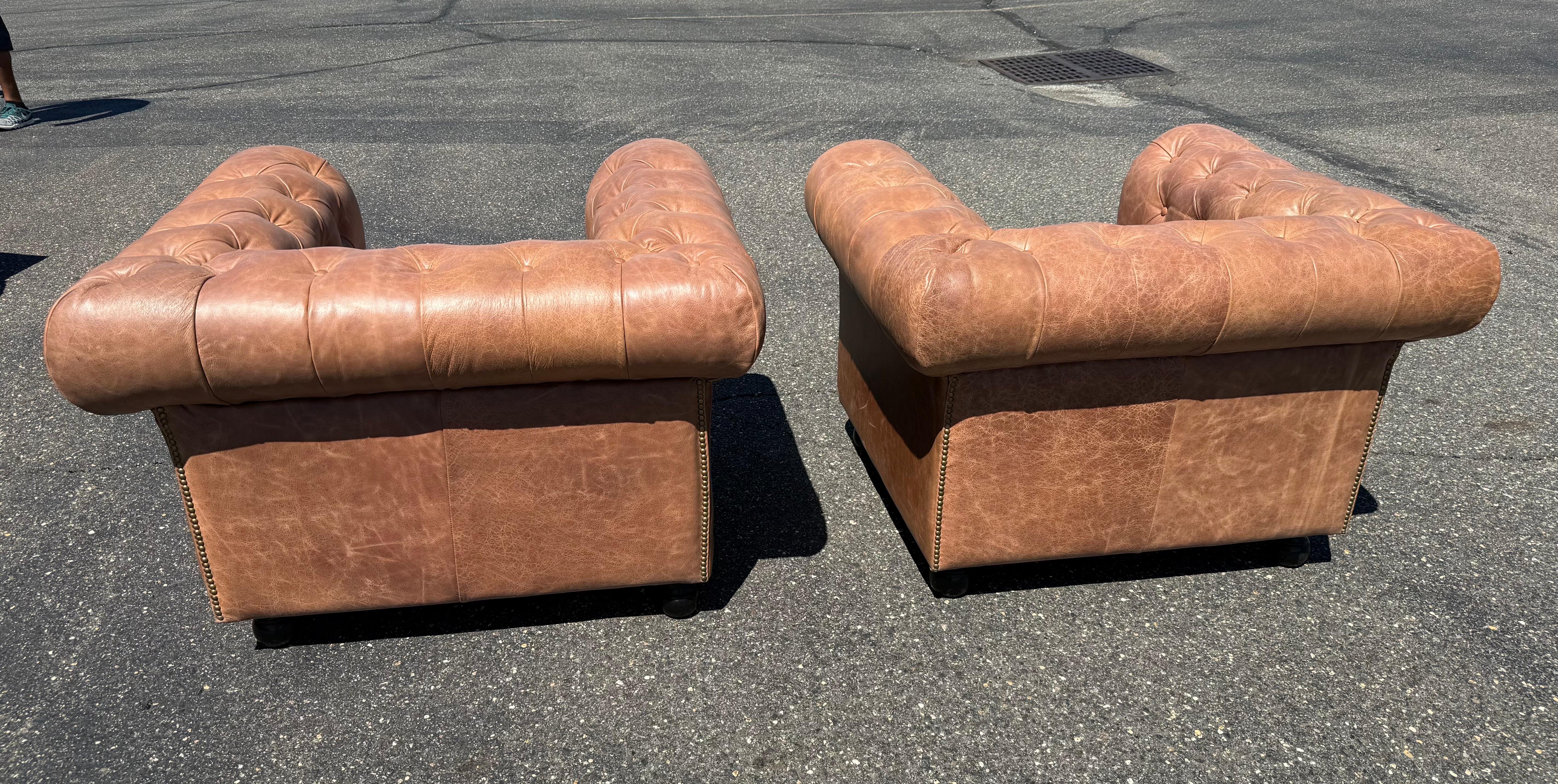 Pair of English-Made Crackled Distressed Cinnamon Brown Chesterfield Club Chairs For Sale 10