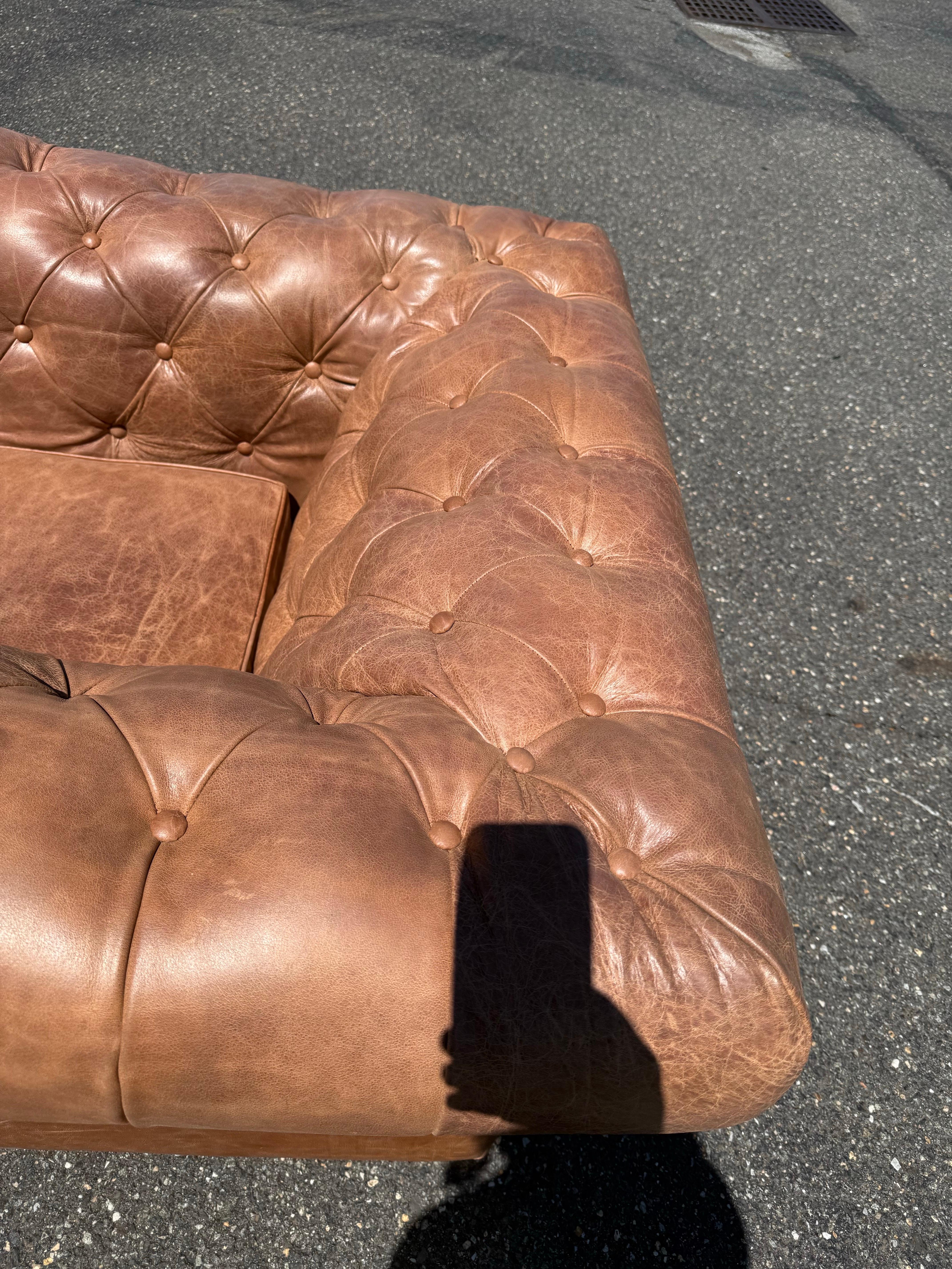 Pair of English-Made Crackled Distressed Cinnamon Brown Chesterfield Club Chairs For Sale 11