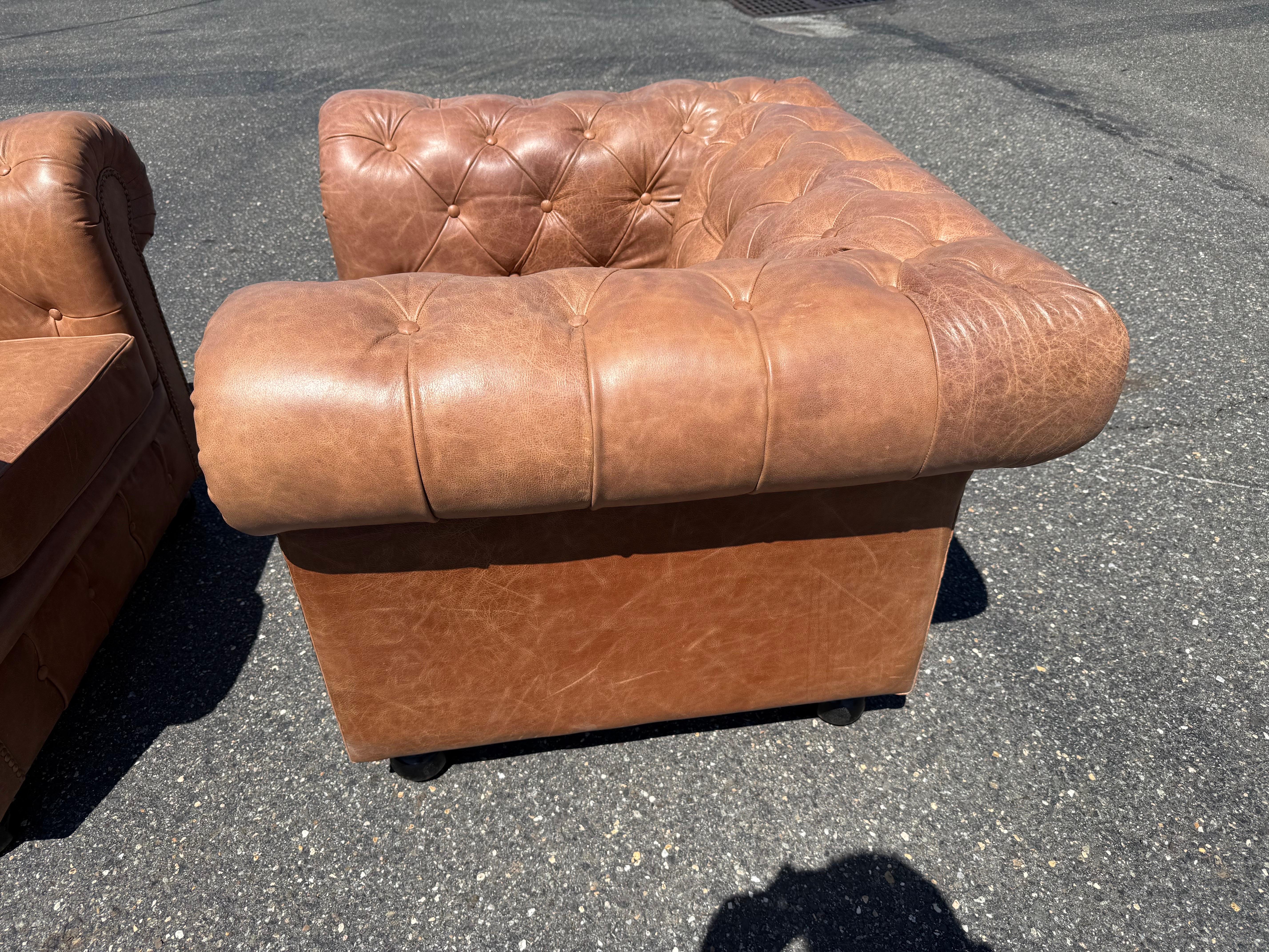 Pair of English-Made Crackled Distressed Cinnamon Brown Chesterfield Club Chairs For Sale 12