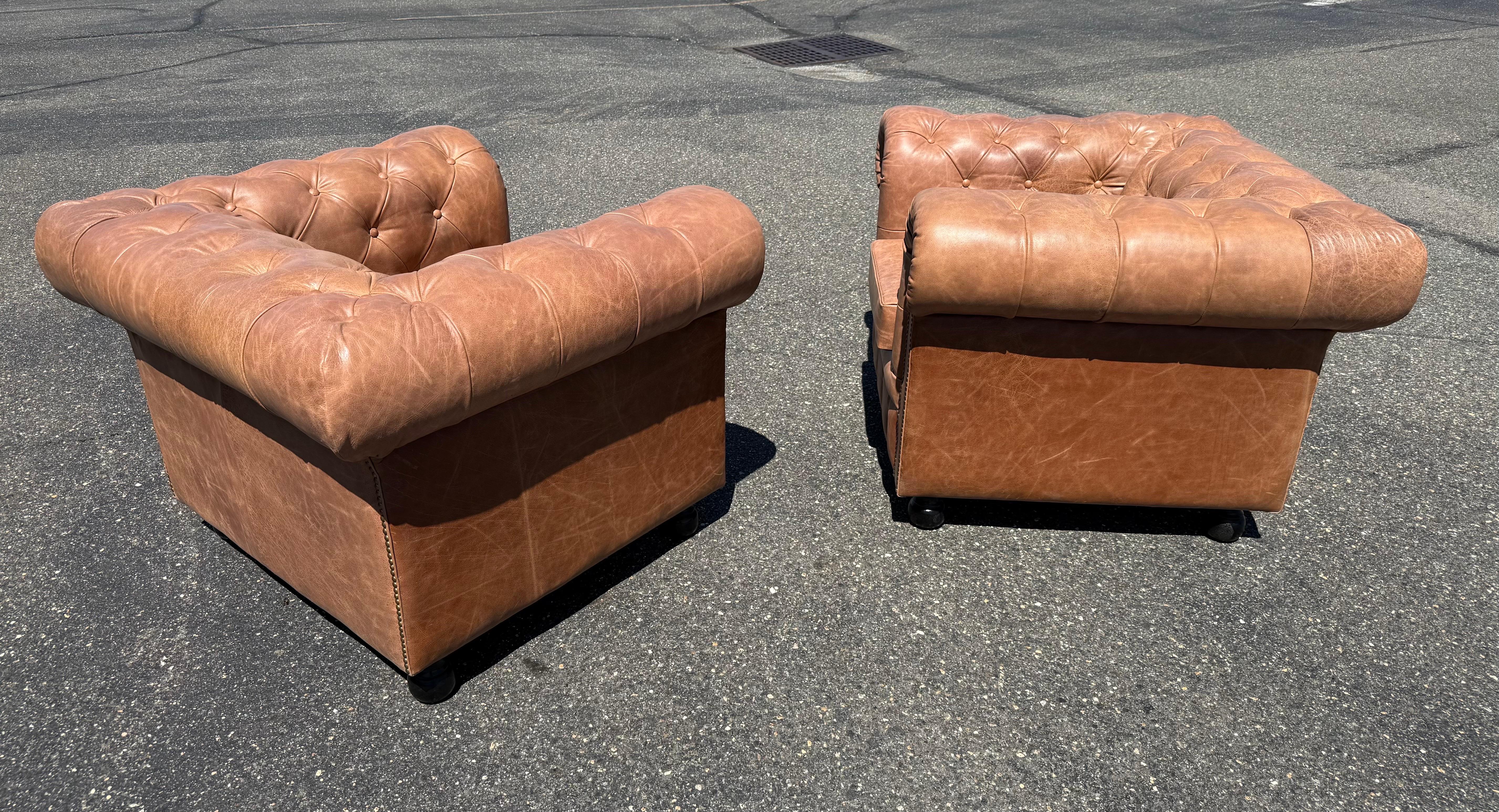 Leather Pair of English-Made Crackled Distressed Cinnamon Brown Chesterfield Club Chairs For Sale