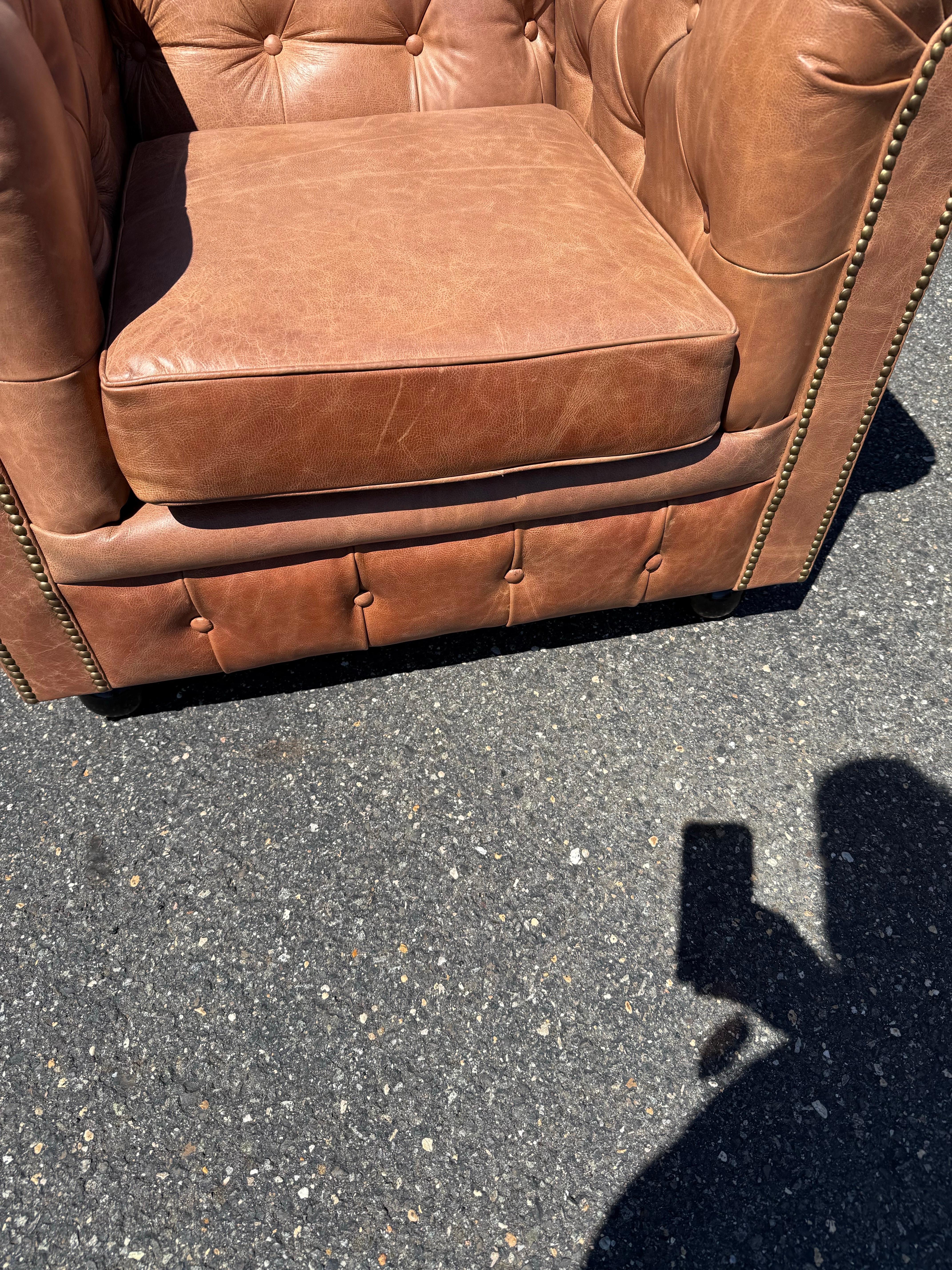 Pair of English-Made Crackled Distressed Cinnamon Brown Chesterfield Club Chairs For Sale 1