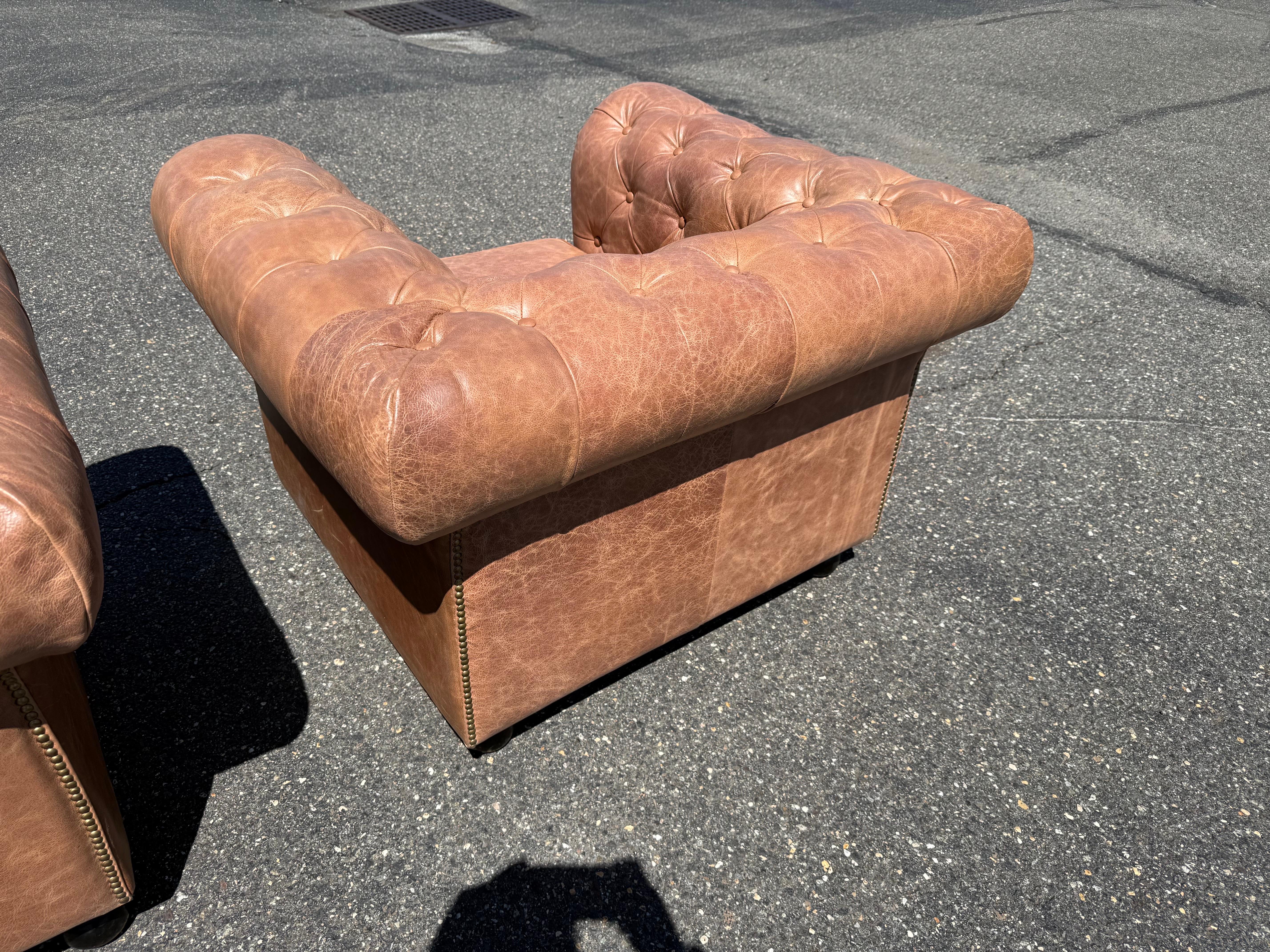 Pair of English-Made Crackled Distressed Cinnamon Brown Chesterfield Club Chairs For Sale 2