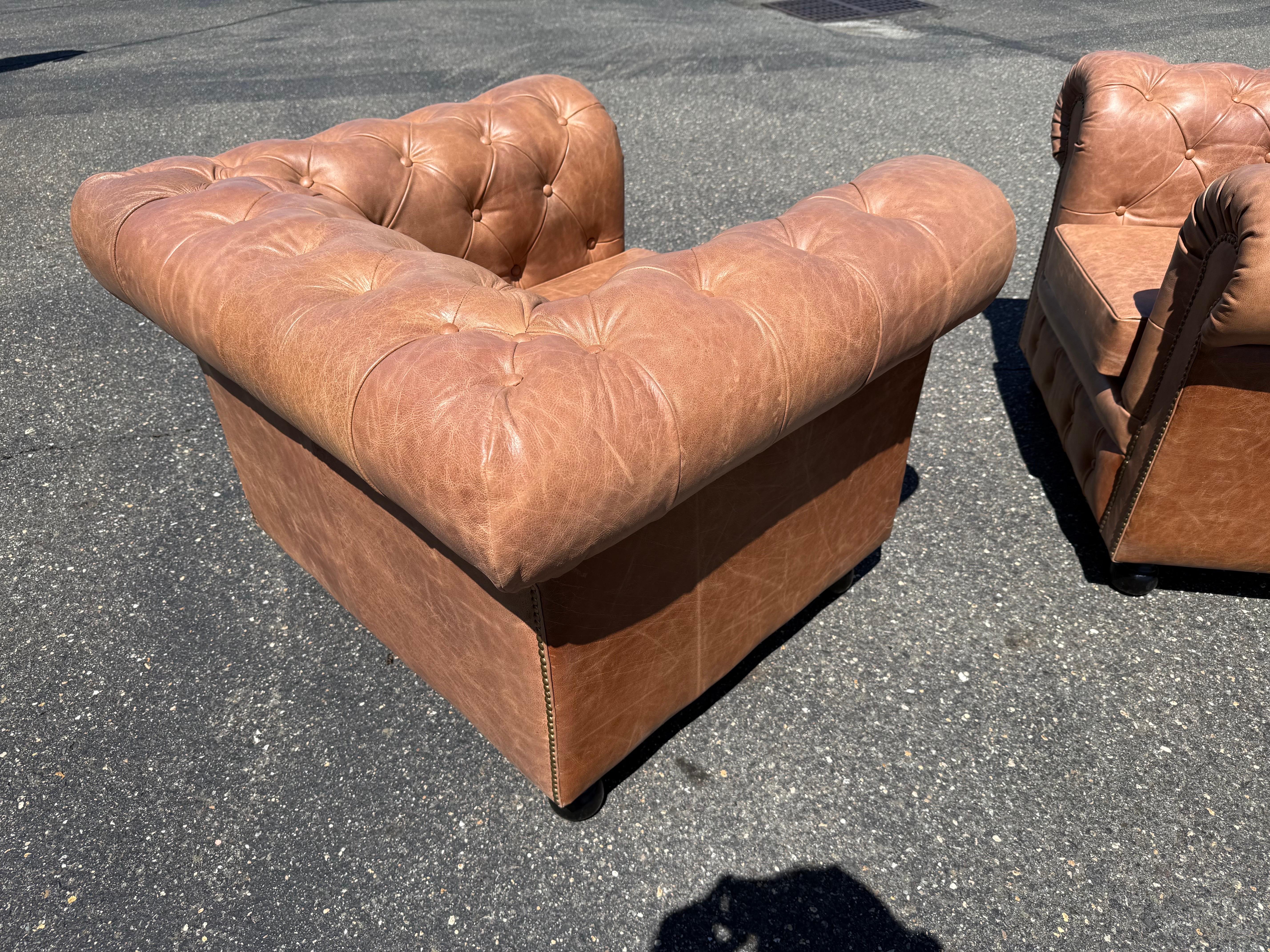 Pair of English-Made Crackled Distressed Cinnamon Brown Chesterfield Club Chairs For Sale 3