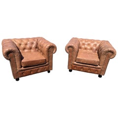 Pair of English-Made Crackled Distressed Cinnamon Brown Chesterfield Club Chairs