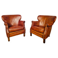 Pair of English Made Leather Library Chairs Hand Dyed Patinated Tan #585